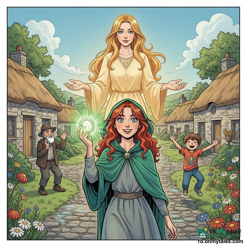 O tânără pe nume Brigid, cu păr roșu în bucle, față determinată și zâmbitoare, purtând un palton verde smarald cu glugă și ținând în mâna dreaptă un inel luminos verde care pulsează, iar o zeiță luminoasă, Aine, plutind ușor în spatele ei, siluetă aurie translucidă cu privire binevoitoare; un bătrân din sat cu barbă albă, pălărie, admirând lângă o căsuță din piatră, și un băiat săltând de bucurie lângă flori care se deschid; decor: un sat rural cu acoperișuri de paie, o uliță pietruită umezită care reflectă lumina verde, coline cu pajiști și flori sălbatice; situația: Brigid se întoarce triumfătoare ținând inelul verde care iradiază lumină, florile înfloresc instant, sătenii aclamează, atmosferă magică, caldă, culori saturate, contrast puternic, stil benzile desenate europene cu linii clare, compoziție centrată pe Brigid și inel, format peisaj.
