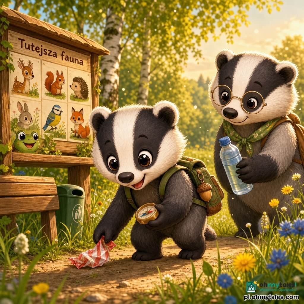 Główny bohater to młody borsuk chibi Borek, radosny i dumny, ciemnoszaro-biała sierść z dużymi czarnymi pasami na pyszczku, błyszczące okrągłe oczy; trzyma w prawej łapce mały kompas, w lewej zmięty papierek po cukierku, nosi mały plecak z zawieszką w kształcie żołędzia. Jego matka, borsuczyca chibi, stoi nieco z tyłu po prawej, z życzliwym uśmiechem, delikatniejszym futrem i okrągłymi okularami, podaje Borkowi bukłak z wodą. Po lewej tablica informacyjna „Tutejsza fauna” z kolorowymi rysunkami zwierząt, ławka i zielony kosz na śmieci; na tablicy namalowana żabka „obserwuje” scenę. Miejsce: jasna letnia łąka z wysoką zieloną trawą, żółtymi i niebieskimi kwiatami, jasną ścieżką ziemną i złotym światłem późnego popołudnia przesączającym się przez brzozy, widoczne drobinki pyłku. Główna sytuacja: Borek podnosi papierek z trawy przy tablicy, prosty i zdecydowany gest, scena przekazuje troskę o przyrodę, miękka atmosfera, żywe kontrastowe kolory i urocze detale (małe łapki, fałdki plecaka, refleksy w oczach).
