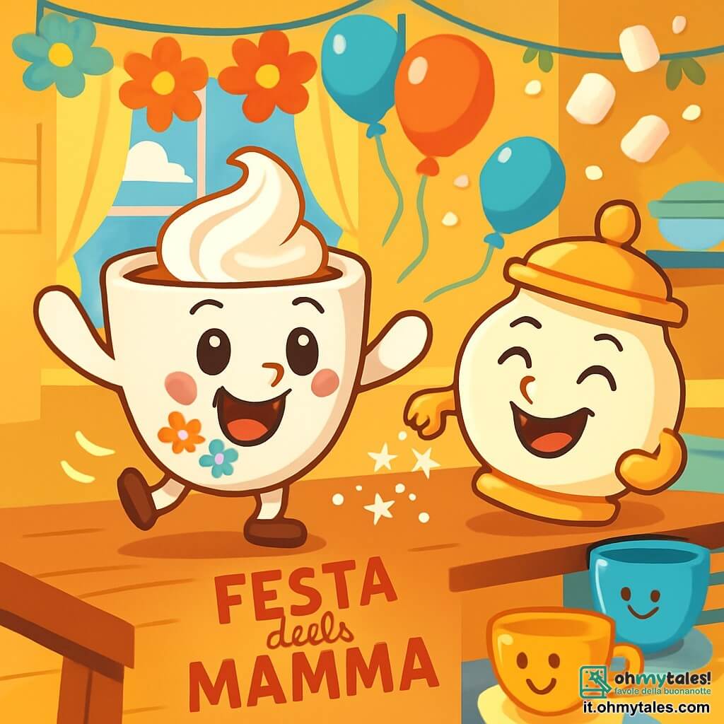 Tazzina, una piccola tazza di porcellana bianca con motivi di fiori colorati, è al centro dell'immagine, radiosa di gioia con occhi scintillanti e un grande sorriso. Sta danzando sul bordo di un tavolo di legno, le sue piccole orecchie di crema si sollevano con entusiasmo. Accanto a lei, Zuccherino, un allegro vasetto di zucchero con un coperchio a forma di cappello, scoppia a ridere, i suoi occhi brillano di malizia. Sta cospargendo stelle di zucchero sul tavolo, creando un'atmosfera magica. Sullo sfondo, la cucina è piena di colori vivaci: ghirlande di fiori di carta pendono dal soffitto e palloncini fluttuano nell'aria. La luce del sole filtra attraverso una finestra, illuminando tazze e piatti gioiosi che danzano al ritmo della festa. La scena mostra Tazzina e i suoi amici che celebrano la festa della mamma, circondati da decorazioni festose, con una pioggia di marshmallow che cade dal cielo, creando un'atmosfera festiva e incantata.
