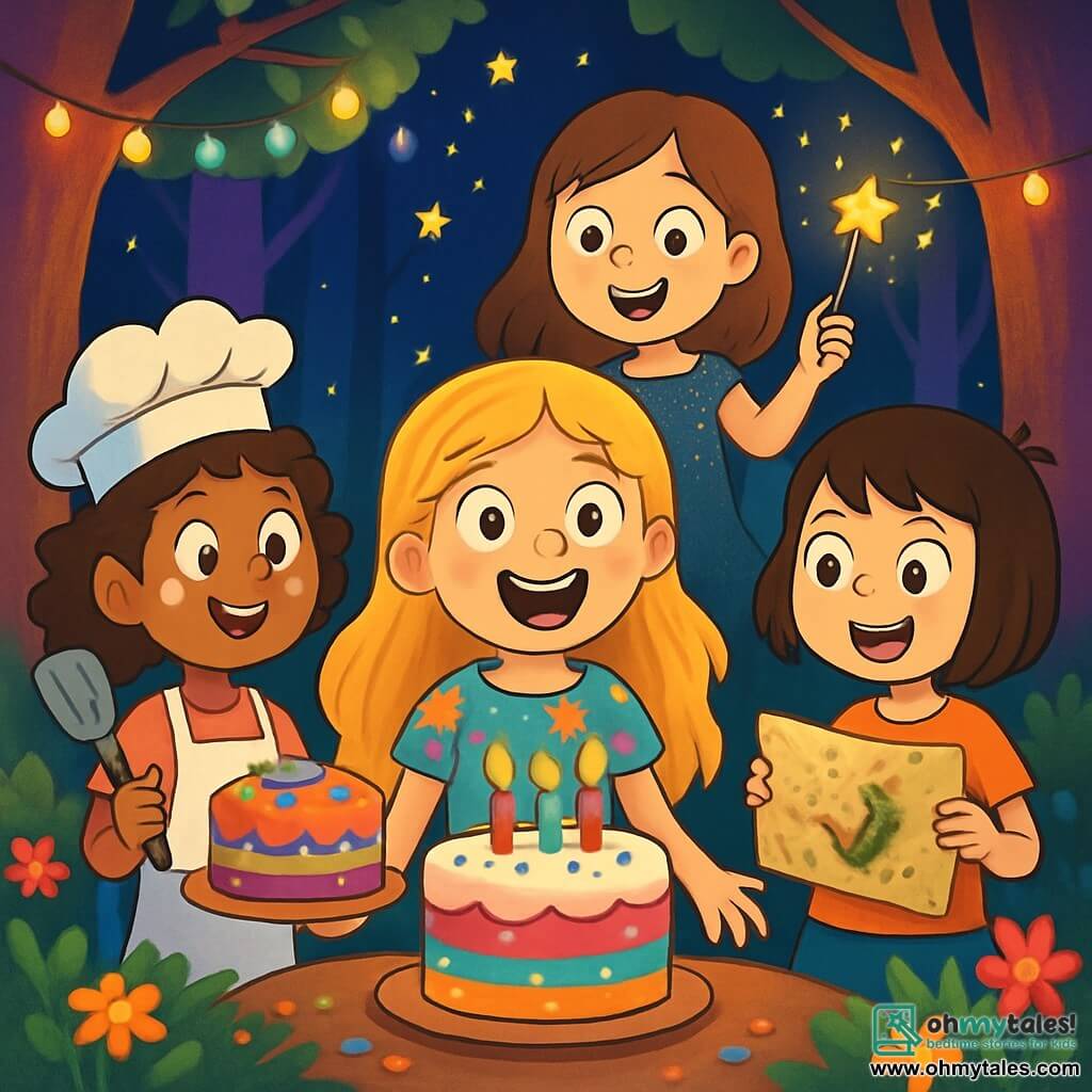 There are four main characters: 1. **Lily** (girl, 9 years old): She has long, wavy hair that shines like sunlight and wears a colorful flower-adorned dress. She stands in the center, her eyes wide with surprise and a big smile on her face. 2. **Mia** (girl, 9 years old): She has curly hair and wears a baker's apron, with flour specks on her face. She stands to the left of Lily, holding a spatula and a large brightly decorated cake. 3. **Zoe** (girl, 9 years old): She has short hair and wears a t-shirt with a dragon design. She is to the right of Lily, holding a magical treasure map, her eyes sparkling with excitement. 4. **Emma** (girl, 9 years old): She has long hair and wears a sparkling dress. She is behind Lily, holding a magic wand that emits bright sparkles. The scene takes place in an enchanted clearing in Glitterwood Forest, surrounded by colorful tree trunks and glowing flowers. Strings of twinkling lights hang from the branches, and a large festive cake sits at the center, decorated with candles and confetti. The main situation shows Lily discovering her birthday surprise, surrounded by her friends who greet her with joyful shouts, while twinkling stars light up the night sky.