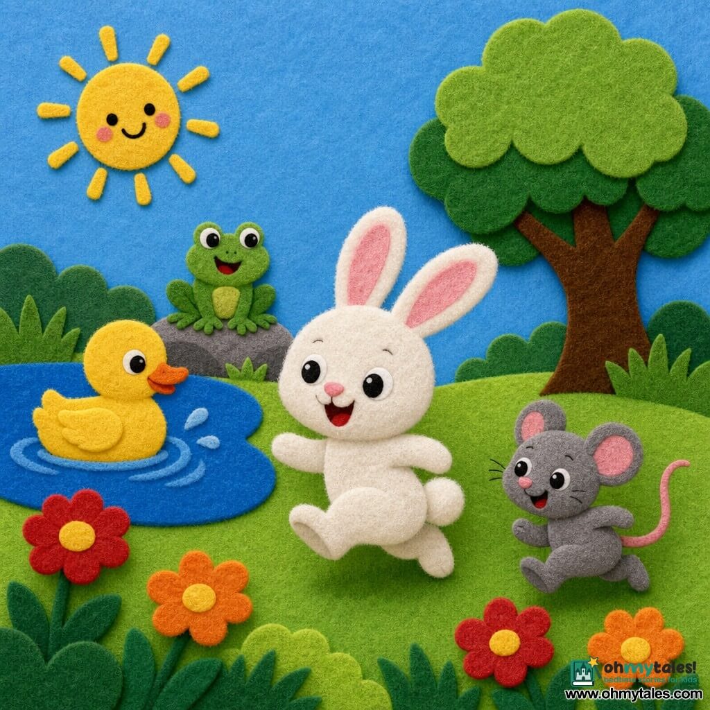 The main character is a small white felt rabbit with fluffy fur, pink ears and big round smiling eyes, joyfully hopping left; a small gray felt mouse with bright eyes and a mischievous smile runs beside it to the right; a yellow felt duck floats calmly in a blue pond at left background; a green felt frog sits on a small gray rock near the pond, legs folded ready to jump with a playful expression; the setting is a summer felt meadow with layered bright green grass, stylized red and orange flowers, a large round‑leaved green tree and a uniform blue sky with a simple smiling yellow sun; the scene shows friends playing on a summer afternoon — simple composition, broad shapes, contrasting colors and visible felt textures.