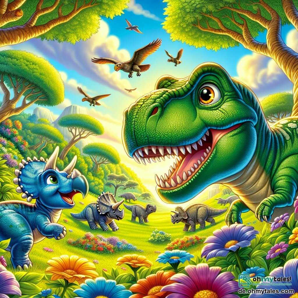 Ein junger Tyrannosaurus Rex mit glänzend grünen Schuppen und neugierigen Augen steht im Mittelpunkt des Bildes, ein breites Lächeln mit spitzen Zähnen erhellt sein Gesicht. Er erkundet einen prächtigen, grünen Hügel, umgeben von bunten Blumen mit leuchtenden Blütenblättern, während er mit Staunen eine Gruppe von Dinosauriern beobachtet. Neben ihm springt ein kleiner Triceratops mit drei Hörnern auf der Stirn und bläulicher Haut fröhlich, und teilt die Aufregung der Entdeckung. Der Ort ist ein üppiger Hügel, durchflutet von goldenem Licht, mit majestätischen Bäumen und blühenden Sträuchern, die der Szene einen Hauch von Magie verleihen. Bunte Vögel fliegen am blauen Himmel und schaffen eine fröhliche Atmosphäre. Rex und Trix entdecken gemeinsam diesen faszinierenden neuen Ort, erfüllt von Staunen und Abenteuer, bereit, die Wunder ihres neuen Zuhauses zu erkunden.