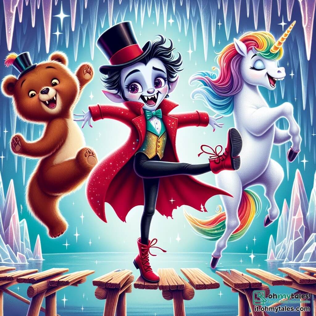 Al centro dell'immagine, Rinaldo, un vampiro dal sorriso malizioso, è in piedi su un ponte sospeso. Ha i capelli neri in disordine, occhi scintillanti e indossa un mantello rosso vivo che fluttua nel vento. La sua espressione è gioiosa e birichina, mentre fa una smorfia divertente, suscitando risate tra i suoi amici. Alla sua destra, Zuccherino, un'unicorno dai crini colorati come caramelle, si tiene con una zampa alzata, ridendo di cuore. Ha un pelo bianco splendente e un corno scintillante che brilla alla luce. A sinistra, Ballerino, un orso danzante, è in piena pirouette, con un cappello a cilindro e una cravatta a pois. Il suo viso è radioso di gioia e sembra pronto a far ridere tutti con i suoi movimenti comici. Sullo sfondo, la Caverna delle Meraviglie si apre maestosa, con stalattiti scintillanti e muri di cristallo che riflettono la luce in modo magico. Colori vivaci e forme strane decorano l'entrata, creando un'atmosfera incantata. La scena cattura il momento in cui Rinaldo e i suoi amici si preparano ad attraversare il ponte, ridendo insieme e pronti ad affrontare le sfide della caverna condividendo la loro gioia contagiosa.