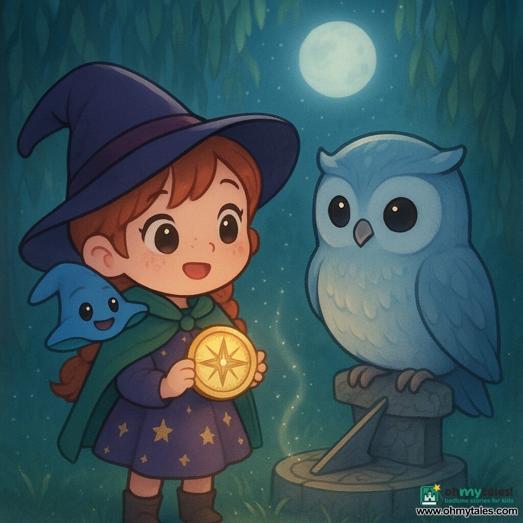 A 10-year-old apprentice witch girl with red hair in two braids, round freckled face, curious joyful expression, wearing a short purple dress with gold stars and a small green cape, holding a glowing compass with a star-tipped needle to her chest; a small animated hat named Pip perches on her shoulder, sky-blue and floppy with embroidered mischievous eyes and a smile, pointing with the brim toward a sparkling trail; a large nocturnal owl with pale blue feathers and silver highlights sits on an old stone sundial, wise kind gaze, lightly holding the compass in its talons as if returning it; setting: a grove of night willows with emerald drooping branches forming a curtain, silver moonlight beams, grass dusted with twinkling stardust and an old stone-paved path; scene: the girl takes the compass back from the owl within a circle of moonlight as a trail of stardust rises, warm magical reassuring mood, soft colors (blues, purples, greens) with small sparkling details.