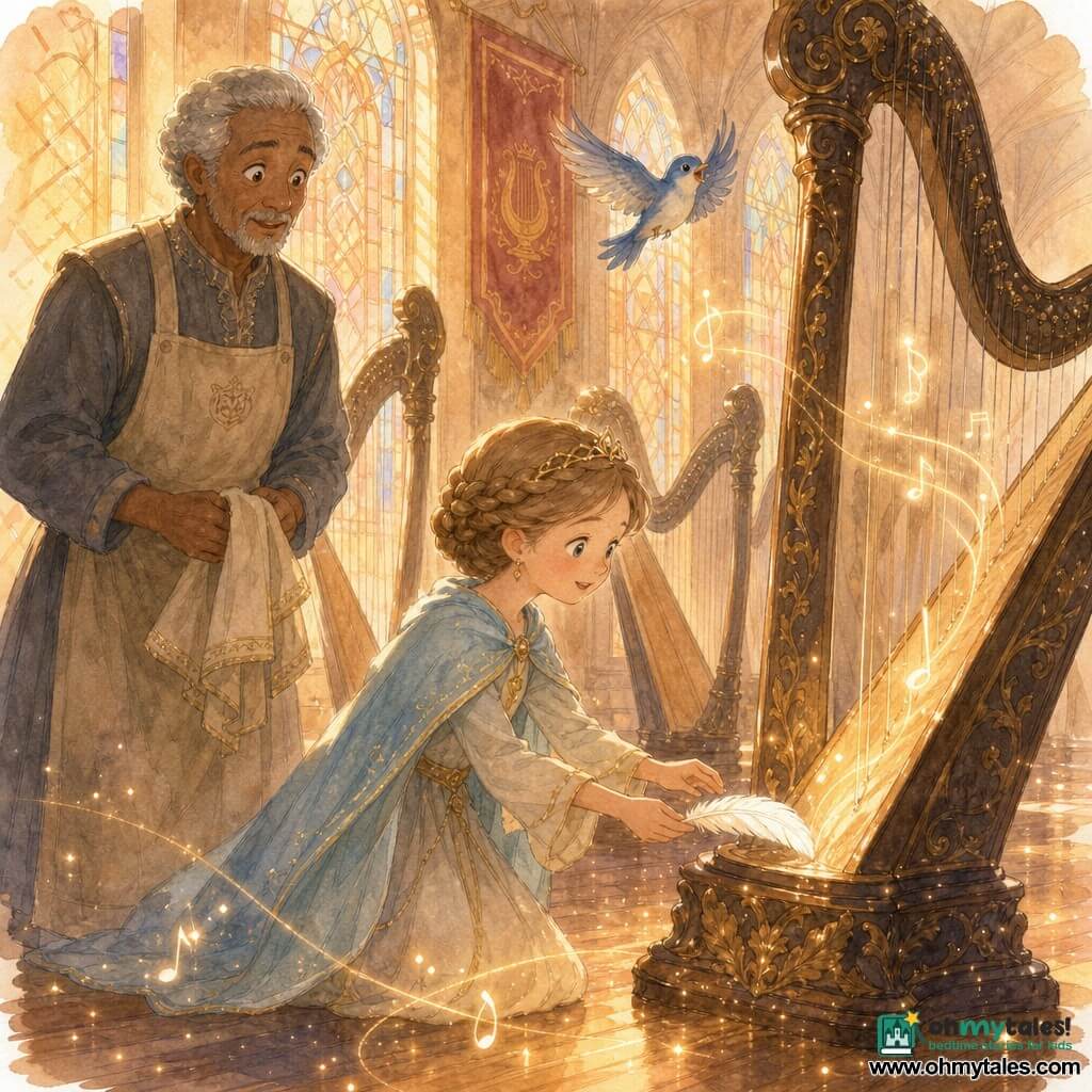 The princess stands center, face soft and amazed, light brown hair braided into a crown, wearing a simple misty-morning dress and a pale blue cloak; she places a white feather on the base of a large antique harp, hands outstretched in a respectful pose. The steward, about 60, stands slightly back left in a gray tunic and apron, gray hair and a fond, surprised look, holding a cloth and watching happily. A small blue bird flutters near the top of the harp, wings open and lively as if applauding. The great harp hall is a long corridor with tall stained glass letting in golden sunset light, rows of dark wooden harps with gold inlay along the walls, a red fabric banner, and wooden floors beginning to sparkle like stars. The magical moment: the feather touches the harp, a single string rings, visible threads of light rise and make the floor glow; warm, calm, tender wonder.