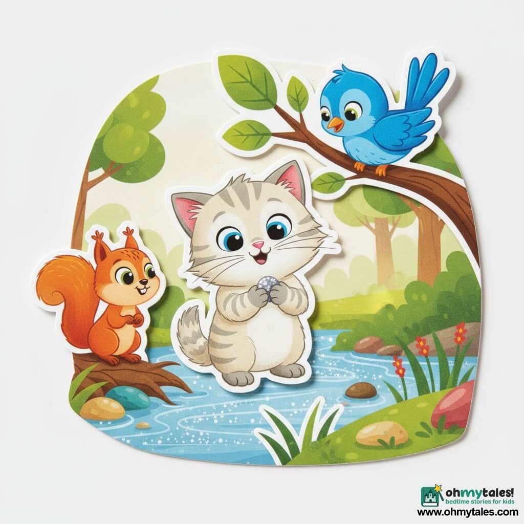 A small cream fluffy kitten named Whiskers with light gray stripes and bright blue eyes holds a sparkling pebble; a red squirrel watches from a nearby root and a vivid blue bird perches above, tilting toward the pebble. They stand by a shimmering river with smooth pebbles and stylized greenery; the scene is warm and bright, with saturated colors, thick outlines and simple shapes like EVA foam stickers.