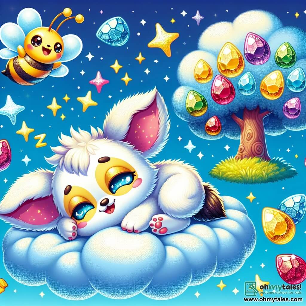 An illustration depicts a small, cute, and sleepy creature with large, soft ears and a tiny, happy twitching nose. It lies on a fluffy cloud, wearing a peaceful smile while dreaming. Next to it, a cheerful bee with bright yellow and black stripes buzzes around, sparkling eyes and a playful grin, eager to wake its friend for a new adventure. The main setting is a vibrant blue sky dotted with fluffy clouds and twinkling stars, creating a magical and light atmosphere. Below, a snack tree with colorful fruits shines like jewels in the sunlight. The main scene shows the bee trying to wake its sleeping friend to search for treasure, dancing joyfully around it. Additional graphic elements include bursts of light around the bee, sparkling fruits on the tree, and small stars floating in the air, adding a touch of magic to the scene.