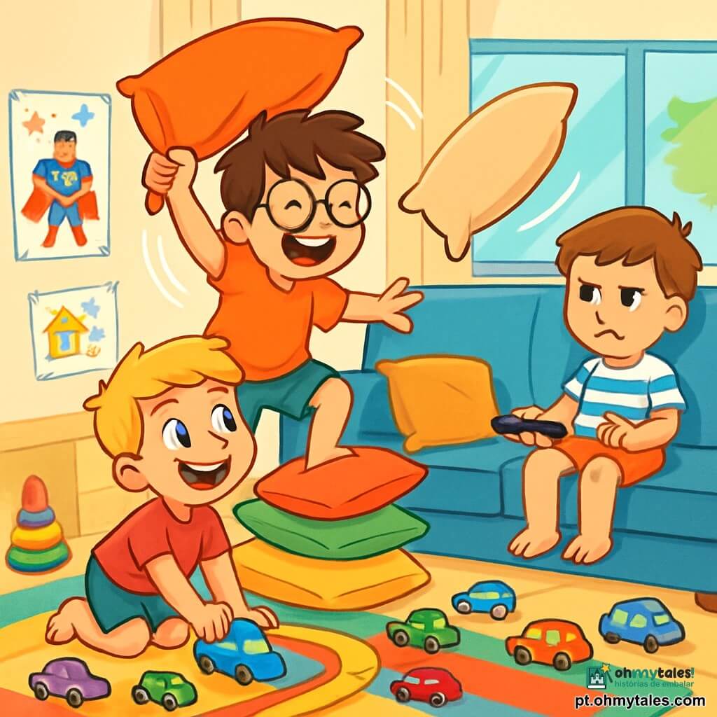 Há 3 personagens: - Lucas: um garoto de 7 anos, com cabelo castanho bagunçado e óculos redondos. Ele está em pé sobre uma pilha de almofadas, brandindo um travesseiro como um escudo. - Rafa: um garoto de 6 anos, com cabelo loiro e olhos brilhantes. Ele está agachado no chão, cercado por pequenos carros coloridos, pronto para iniciar sua pista de corrida. - Gui: um garoto de 5 anos, com cabelo castanho e uma camiseta listrada. Ele está sentado no sofá, segurando o controle remoto, com uma expressão de frustração no rosto. O local é uma sala de estar iluminada, com um grande sofá azul, tapetes coloridos no chão e brinquedos espalhados por toda parte. As paredes são decoradas com desenhos de crianças e pôsteres de desenhos animados. A situação principal mostra os irmãos em uma intensa batalha de travesseiros, rindo alto, enquanto travesseiros voam pelo ar e carros de brinquedo estão espalhados ao redor deles. É um momento de alegria e caos, onde cada um tenta defender seu território enquanto se diverte juntos.