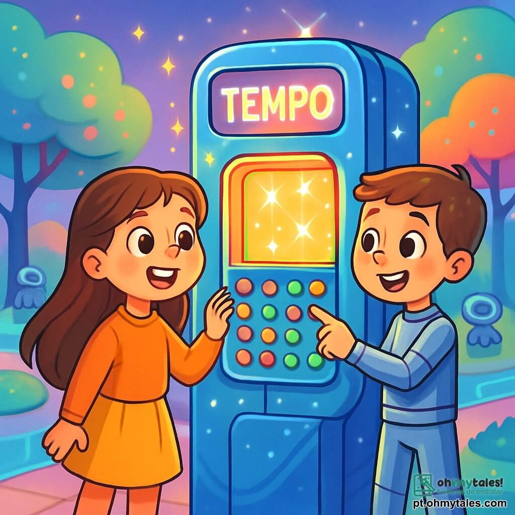 Uma menina de 10 anos, Sofia, com longos cabelos castanhos e olhos brilhantes de curiosidade, está diante de uma cabine futurista brilhante, cheia de botões coloridos. Ela sorri maravilhada, com as bochechas rosadas de excitação, enquanto observa a cabine que brilha com luzes vivas. Ao seu lado, um garoto da mesma idade, Leo, com cabelo curto e roupas metálicas brilhantes, sorri e aponta para a tela da cabine, demonstrando seu entusiasmo. O cenário é um parque futurista, com árvores tecnológicas de folhas luminosas que mudam de cor, caminhos de vidro transparente e robôs se movendo suavemente ao redor. A cena é banhada em uma luz suave e colorida, criando uma atmosfera mágica e acolhedora. Sofia e Leo se preparam para ativar a cabine e viajar no tempo, cheios de excitação e expectativa, prontos para descobrir um futuro fascinante.
