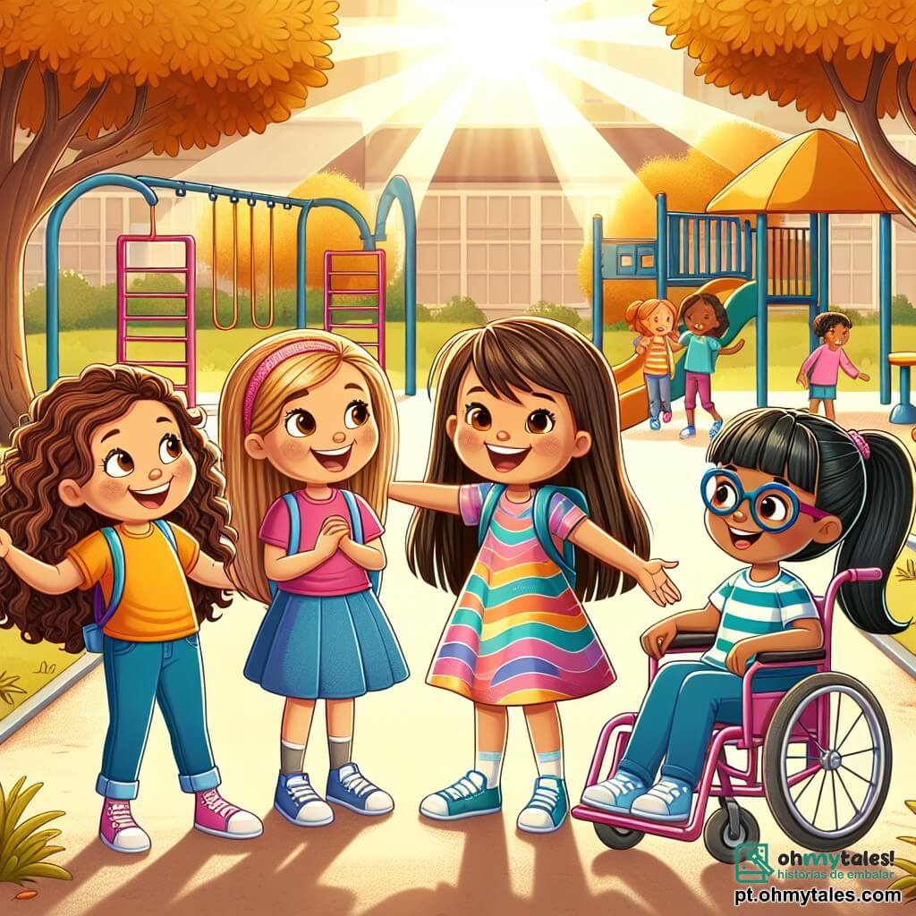 Em um pátio ensolarado da escola, quatro meninas de dez anos estão juntas, radiantes de alegria. Lara, com cabelos castanhos e cacheados, veste uma camiseta azul vibrante e jeans, sorrindo entusiasticamente. À sua esquerda, Sofia, com cabelos loiros e lisos, usa um vestido colorido e gesticula ao contar uma história engraçada. À direita, Clara, que usa óculos coloridos e tem cabelos castanhos presos em um rabo de cavalo, ri enquanto escuta Sofia. Por fim, Ana, com cabelos negros e em uma cadeira de rodas, usa uma camiseta rosa e um grande sorriso, encantada com suas novas amigas. O pátio é cercado por grandes árvores com folhas douradas, e brinquedos coloridos estão espalhados, criando uma atmosfera alegre e acolhedora. As quatro meninas discutem entusiasticamente sobre seu primeiro dia de escola, compartilhando experiências de férias e prometendo se apoiar ao longo do ano letivo.
