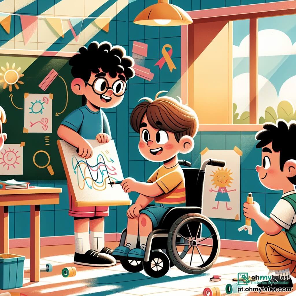 Em uma sala de aula iluminada e colorida, vemos quatro amigos em plena atividade. Pedro, um menino de 10 anos com cabelos negros e cacheados, está de pé, sorrindo e desenhando um esquema em uma grande folha de papel. João, também de 10 anos, com cabelos castanhos e lisos, está sentado em sua cadeira de rodas, usando uma camiseta verde e óculos, observando atentamente o esquema de Pedro, segurando um rolo de fita adesiva. Lucas, um menino de 9 anos com cabelos loiros e curtos, agachado ao lado de João com uma camiseta amarela, segura uma pequena lâmpada e um fio elétrico, pronto para conectá-los. Miguel, de 10 anos, com cabelos castanhos e sardas, está de pé atrás deles, sorrindo e segurando uma pilha. A sala é decorada com desenhos coloridos nas paredes e janelas que deixam entrar a luz do sol, com um quadro negro ao fundo cheio de anotações e exemplos de projetos científicos. Os quatro amigos trabalham juntos em seu projeto de circuito elétrico, demonstrando entusiasmo e espírito de equipe, ilustrando a importância da amizade e colaboração na escola.