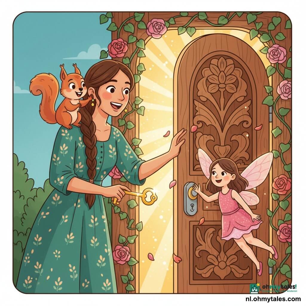 Elara (femme ~30) souriante, cheveux bruns longs tressés, en robe verte à motifs floraux, tient une clé dorée brillante dans la main droite et pousse une large porte ancienne en bois sculpté ornée de motifs floraux; Kiki, petit écureuil mâle roux, est sur son épaule gauche, excité et agitant une patte; une fée enfantine (~8) aux ailes translucides roses et robe scintillante vole devant la porte; décor : lierre et roses multicolores autour de l’encadrement, lumière dorée jaillissant de l’ouverture et pétales flottants; ambiance conte de fées, couleurs chaudes saturées (or, vert émeraude, rose), ombres douces, flat design avec silhouettes simples, contours épais, textures plates, reflets brillants sur la clé et motifs floraux répétés; composition : Elara au centre, porte légèrement ouverte derrière elle à droite, Kiki en haut à gauche sur l’épaule, fée devant la lumière, cadrage mi-corps pour montrer émotions et clé.