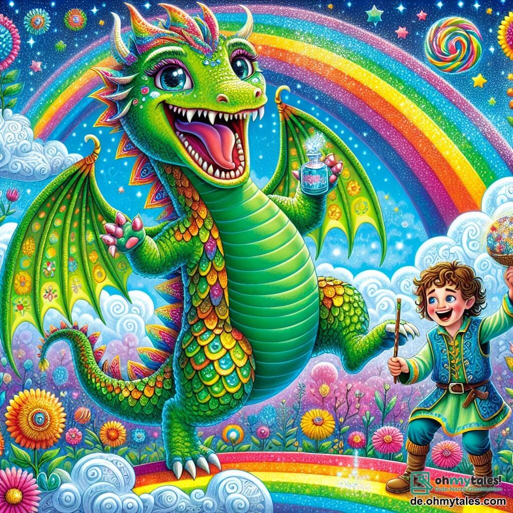 Ein großer grüner Drache namens Flamme, mit schimmernden Schuppen und funkelnden Augen, tanzt fröhlich auf einem Regenbogen. Sein Lächeln ist breit und ansteckend, und er lacht laut, während seine ausgebreiteten Flügel in der Sonne glänzen. Neben ihm steht ein etwa 10-jähriger Junge namens Felix, mit lockigem Haar und einem bunten Gewand, der seinen Freund bewundernd anlächelt und lacht. Er hält eine kleine Flasche mit magischem Trank in der Hand, bereit für einen neuen Zauber. Die Szenerie ist eine märchenhafte Landschaft mit leuchtenden Farben, in der mehrfarbige Blumen im Wind tanzen und wolkenförmige Süßigkeiten im azurblauen Himmel schweben. Die Hauptsituation zeigt Flamme, den Drachen, der laut lacht, nachdem er einen magischen Trank getrunken hat, während Felix, sein Freund, versucht, ihn zu beruhigen und über die lustige Situation lacht.