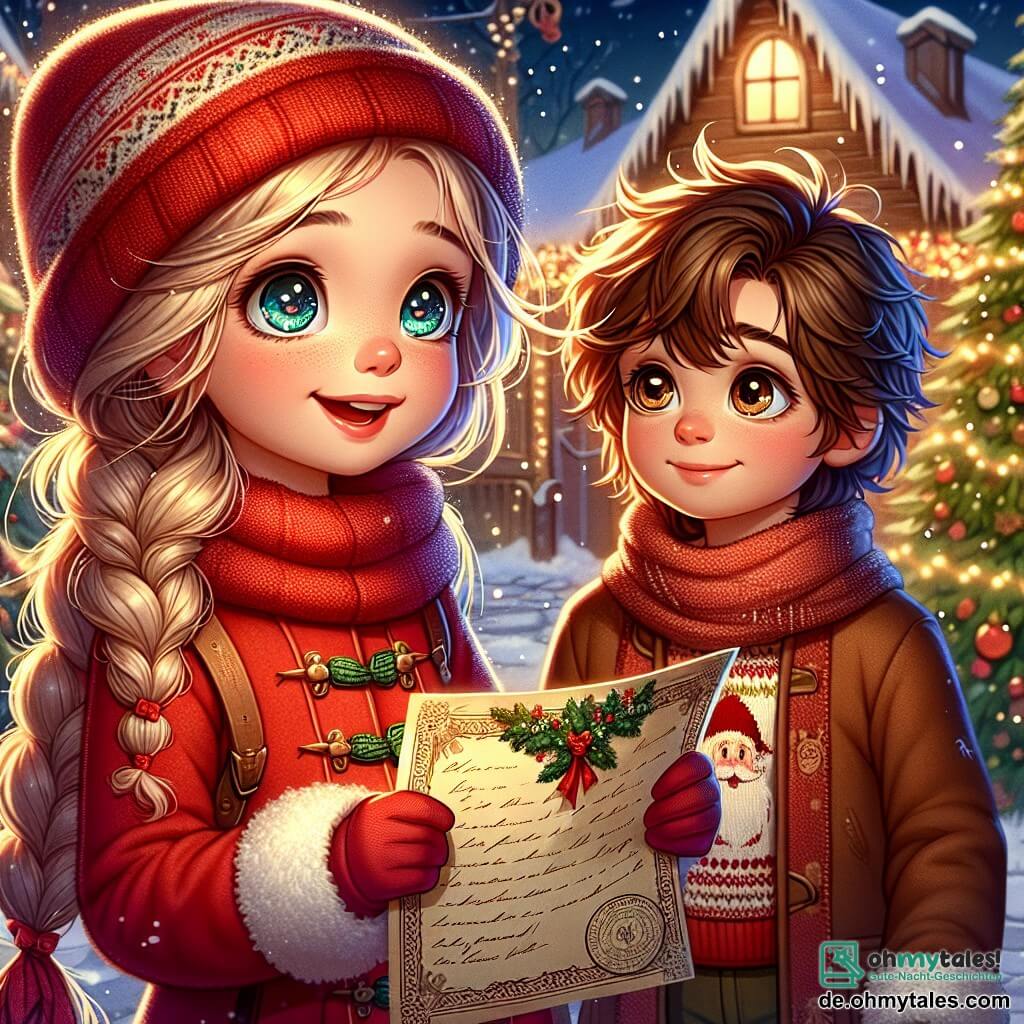 Ein 9-jähriges Mädchen, Leni, mit langen, geflochtenen blonden Haaren und neugierigen Augen steht vor einem großen Weihnachtsbaum, ihr Gesicht strahlt Freude und Aufregung aus. Sie trägt einen leuchtend roten Mantel, einen Wollschal und passende Handschuhe und hält einen alten, dekorierten Brief in den Händen. Neben ihr steht ihr Freund Max, ein 10-jähriger Junge mit zerzausten braunen Haaren und einem warmen Lächeln, der Leni bewundernd ansieht, während er eine Weihnachtsmütze und einen Pullover mit Rentiermotiven trägt. Im Hintergrund ist eine kleine Holzhütte, geschmückt mit Lichtern, umgeben von sanft fallendem Schnee, was eine magische Atmosphäre schafft. Die Szene zeigt Leni und Max, die eine geheimnisvolle Nachricht an den Weihnachtsmann entdecken, voller Begeisterung und Entschlossenheit, bereit für ein unvergessliches Abenteuer.
