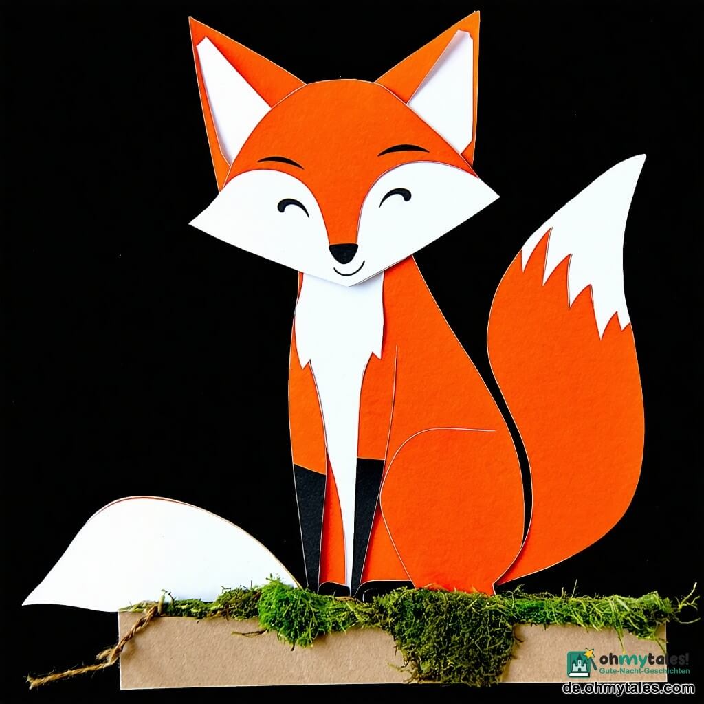 Ein aus Papiercollage gestalteter rotbrauner Fuchs (Hauptfigur), ausdrucksvoll und verschmitzt mit mandelförmigen, glänzenden Augen, orange-weißem, zerrissenem Fell, lächelt sanft und legt eine Pfote auf eine große, moosbedeckte Platte; dahinter sitzt ein stämmiger Dachs mit kontrastierend schwarz-weißem Fell, beschützend und ruhig, mit einem kleinen, schüchternen Igel auf dem Rücken; ein lebhaftes Eichhörnchen mit buschigem Krepppapier-Schwanz springt von einem Zweig und wirbelt ausgeschnittene Flocken auf; drei kleine Glühkäfer aus goldener Metallic-Papier mit durchscheinenden Flügeln schweben um eine winzige goldene Glaslaterne, die aus einer Öffnung der Platte leuchtet; Umfeld: stilisierte weiße Birken, schneebedeckter, strukturierter Papierboden mit Glitzer, die Platte öffnet sich wie eine Luke und enthüllt die leuchtende Laterne, die Tiere schauen staunend—zentrale Komposition, warme Farbakzente (Orange, Gold) auf kühlem Hintergrund (Weiß, blassblau), sanfte, weihnachtliche Atmosphäre.