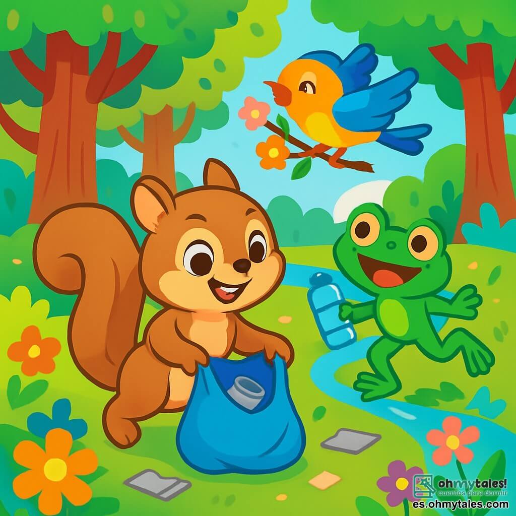 Una pequeña ardilla llamada Lila, con pelaje marrón claro y ojos brillantes de determinación, se encuentra en el centro de la escena, sonriendo y llena de energía, recogiendo basura en el hermoso Bosque Brillante. A su lado, Rocco, una rana verde con ojos redondos y brillantes, salta alegremente, sosteniendo una botella de plástico en sus patas, mientras que Pip, un pájaro de plumas coloridas, vuela sobre ellos, cantando alegremente y mostrando una rama llena de flores. Al fondo, el paisaje está lleno de grandes árboles de troncos robustos, flores vibrantes y un arroyo que brilla mientras serpentea por el suelo. La escena irradia una atmósfera de camaradería y alegría, mientras todos los animales unen sus fuerzas para limpiar su valioso entorno.