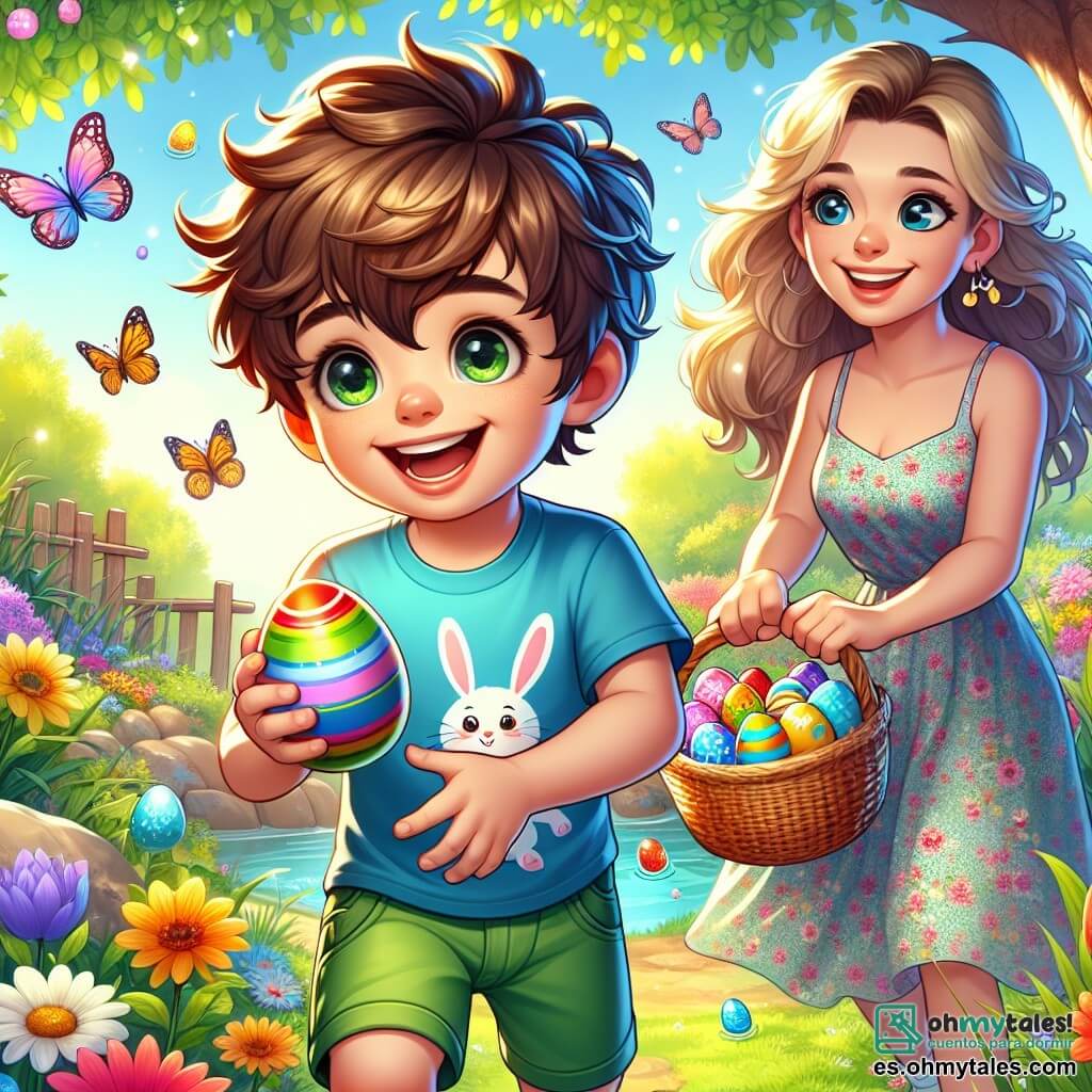 Un niño de 6 años, Lucas, con cabello castaño desordenado, ojos brillantes de curiosidad y una gran sonrisa, está saltando de alegría en un jardín colorido. Lleva una camiseta azul con un dibujo de conejo y un short verde, sosteniendo un huevo de Pascua brillante en sus manos. A su lado, su mamá, una mujer de unos treinta años con cabello largo y rubio, sonríe orgullosa mientras sostiene una cesta llena de huevos coloridos. Ella lleva un vestido ligero con flores y está cerca de un gran árbol. Al fondo, el jardín está lleno de flores brillantes, mariposas revoloteando y un pequeño estanque donde cantan alegremente las ranas. La escena principal muestra a Lucas descubriendo un huevo de Pascua mágico, con una expresión de asombro en su rostro, rodeado de una atmósfera festiva y primaveral.