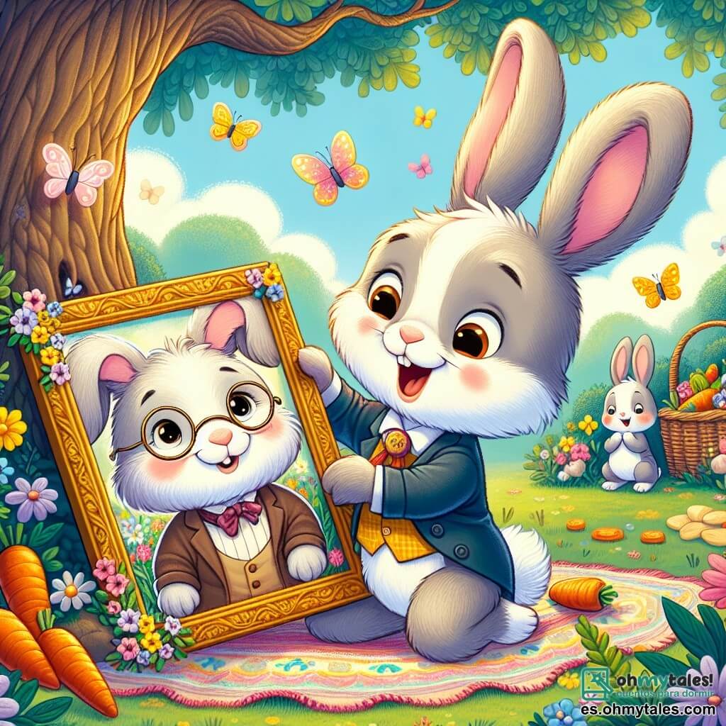 Un conejito llamado Tico, con grandes orejas suaves y pelaje blanco y marrón, está sentado alegremente sobre una manta colorida al pie de un viejo roble. Su rostro irradia emoción y orgullo mientras sostiene un marco decorado con flores, mostrando una foto antigua de su padre, el señor Conejo. El señor Conejo, un personaje cálido con pelaje gris y gafas redondas, está junto a Tico, con los ojos brillantes de felicidad y una amplia sonrisa. Observa la foto con ternura, conmovido por el gesto de su hijo. El lugar es un jardín encantador, lleno de flores de colores vivos, mariposas revoloteando y árboles majestuosos que filtran la luz del sol, creando una atmósfera mágica y alegre. La escena principal muestra a Tico ofreciendo el marco a su padre, rodeados de deliciosas golosinas como zanahorias y tréboles, mientras comparten un momento de complicidad y amor, celebrando juntos el Día del Padre en este entorno idílico.