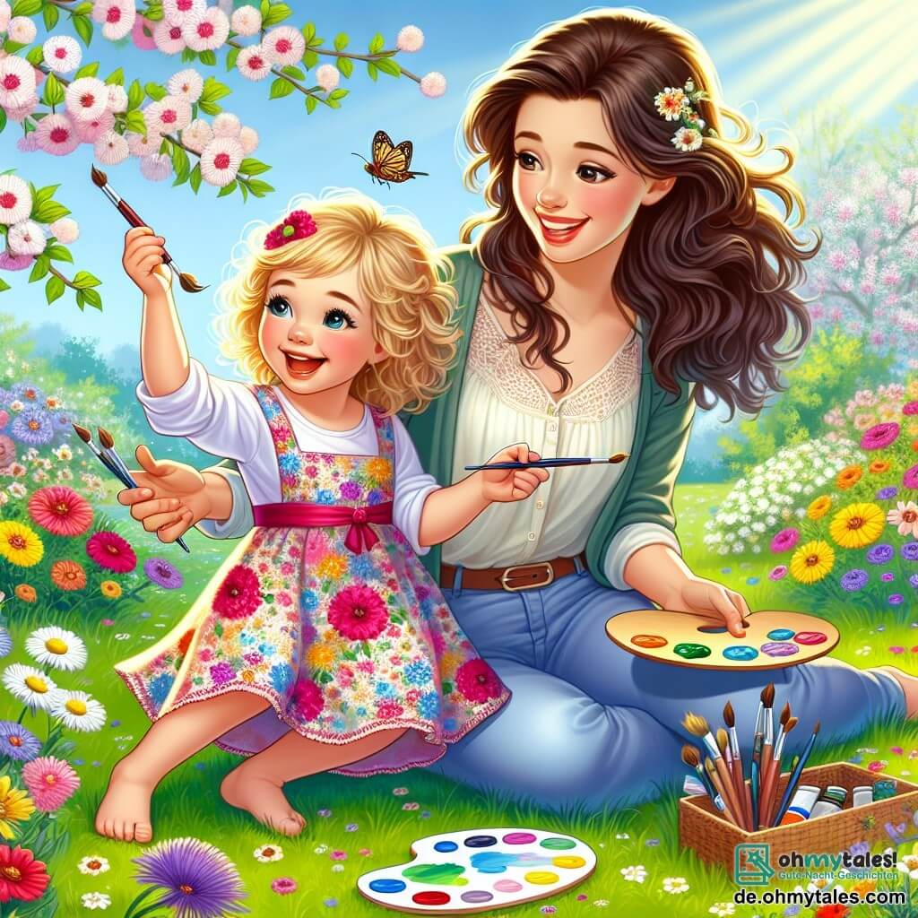 Ein 2-jähriges Mädchen mit lockigem, blondem Haar und einem großen, fröhlichen Lächeln sitzt in einem blühenden Garten. Sie trägt ein buntes Kleid mit Blumenmustern und hält eine Farbpalette mit Pinseln in der Hand, bereit, ihr Meisterwerk zu schaffen. Neben ihr ermutigt ihre Mama, eine etwa 30-jährige Frau mit langen braunen Haaren in einer leichten Bluse, sie mit einem sanften Lächeln und ebenfalls einem Pinsel in der Hand. Beide stehen auf einem grünen Rasen, umgeben von bunten Blumen, die im Frühlingswind tanzen. Der Garten ist lichtdurchflutet, mit blühenden Bäumen, singenden Vögeln in den Ästen und summenden Bienen um die Blumen. Die Hauptsituation zeigt das kleine Mädchen und ihre Mama, die gemeinsam malen, während sie die Schönheit des Frühlings feiern und Spaß haben.