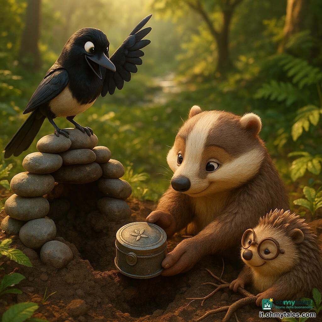 Timo, giovane tasso antropomorfo dal pelo bruno e crema, concentrato mentre scava un tunnel accanto a un cairn raccogliendo la terra in piccoli mucchi; Gilda, gazza dalle piume nere lucide con riflessi blu, attenta e maliziosa su una pietra sopra il cairn, indica il nord con un'ala; Rotolo, piccolo riccio tondeggiante dai piccoli aculei e occhiali di corteccia, prudente ma fiero, aiuta spingendo radici vicino al buco; luogo: collina boscosa con terreno humico, felci e foglie bagnate, ruscello lontano e luce dorata del mattino filtrata tra gli alberi; situazione: scoperta di un contenitore metallico sepolto al bordo del cairn: Timo tiene con cura un piccolo scrigno metallico rotondo patinato con simbolo foglia-stella, i tre amici si scambiano un sorriso complice in un'atmosfera di scoperta rispettosa e calda.