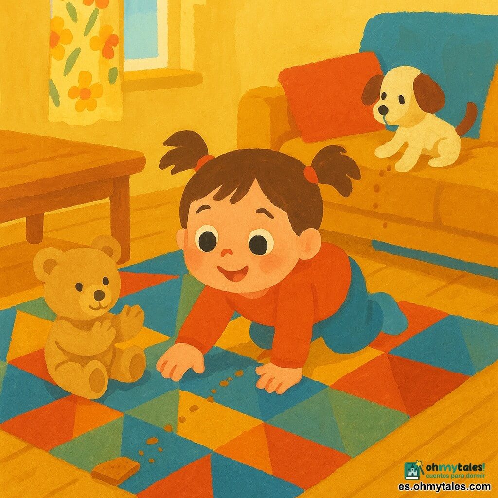 Una niña de 2 años, alegre y curiosa, con coletas castañas, mejillas redondas y piel clara, ojos grandes y brillantes, gatea sobre una alfombra de motivos geométricos buscando migas de galleta; a su lado, un osito de peluche beige sentado con las patas delanteras al frente como aplaudiendo, mirada dulce y costura visible; en el sofá a la derecha, un perrito de peluche blanco y marrón, pequeño, cola en tiras, con la pata delantera estirada hacia un cojín; salón cálido con mesa de centro de madera clara, cojines coloridos (amarillo, azul, rojo), ventana con cortina de flores que deja entrar luz suave y suelo de parquet claro; la niña sigue una pista de diminutas migas marrón claro que van del borde de la mesa al cojín del sofá y estira la mano para descubrir una galleta, atmósfera lúdica y tierna; estilo gouache, colores suaves y texturas de pincel visibles, trazos redondeados y formas simples, composición centrada y clara para un niño de 2 años.