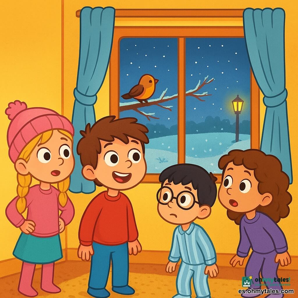 Hay 4 niños: - Leo: un niño de 6 años, con cabello castaño desordenado y ojos brillantes. Lleva un suéter rojo y pantalones azules. Está en el centro, mirando por la ventana con una sonrisa maravillada. - Alba: una niña de 6 años, con largas trenzas rubias y un gorro de lana rosa. Está a la izquierda de Leo, con las manos en las caderas y los ojos muy abiertos de curiosidad. - Mateo: un niño de 6 años, con cabello negro y gafas redondas. Lleva un pijama a rayas y está un poco más atrás, con un aire algo preocupado. - Lucía: una niña de 6 años, con cabello castaño rizado y un pijama morado. Está a la derecha de Leo, inclinándose hacia adelante para ver mejor a través de la ventana. El lugar es un pequeño pasillo acogedor, con paredes pintadas de un amarillo suave y una alfombra mullida. Una luz suave entra por una ventana, iluminando el jardín exterior, donde la hierba está cubierta de una ligera capa de escarcha brillante. Un farol amarillo brilla afuera, y un cielo estrellado es visible arriba. La situación principal muestra a los niños mirando con asombro el jardín en invierno, donde un pequeño pájaro está posado en una rama. Todos están cautivados por la belleza del paisaje, sintiendo la magia del invierno, a pesar de la ausencia de nieve.