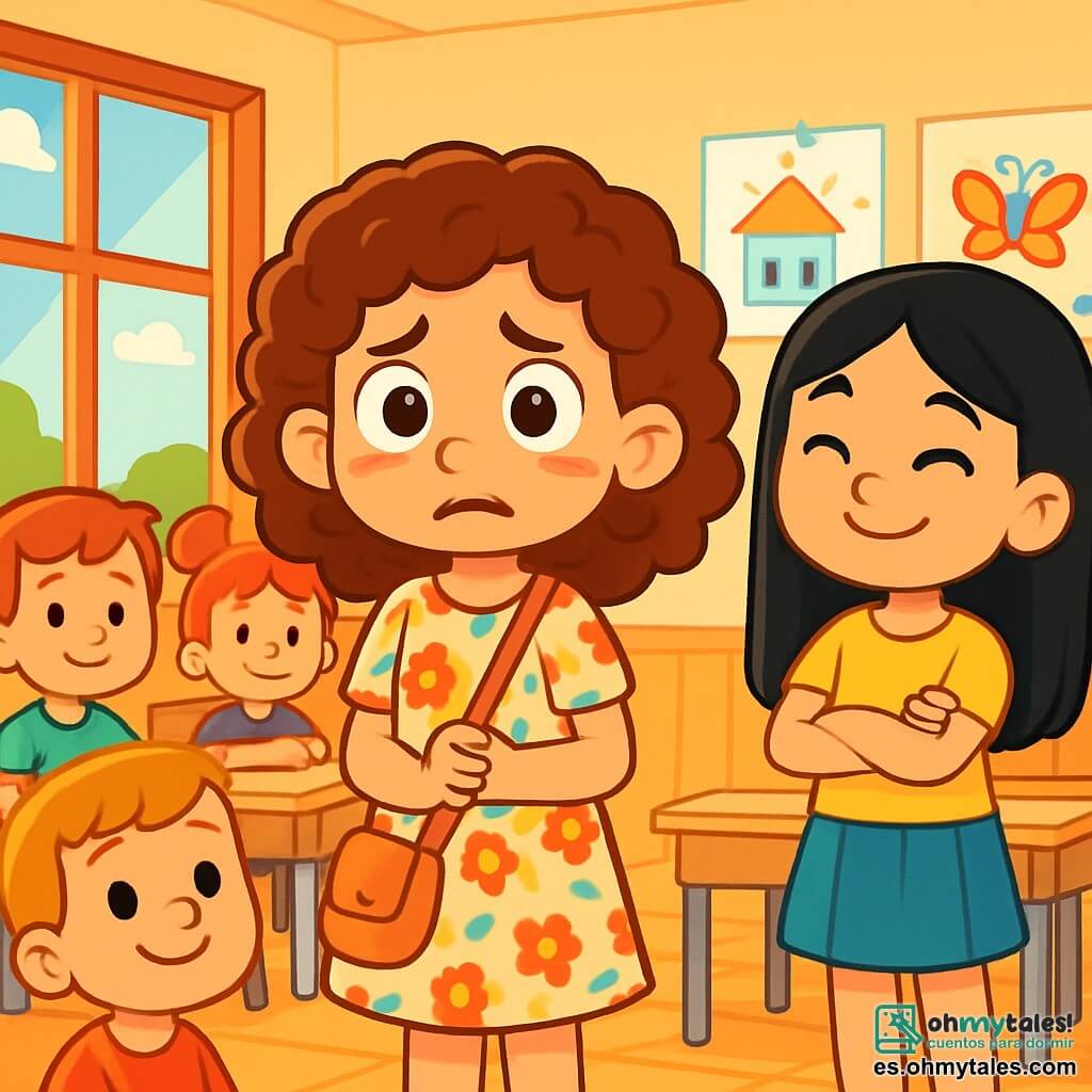 Una niña de 6 años, con cabello rizado y ojos brillantes, se encuentra en el centro de un aula luminosa, su rostro muestra una expresión de nerviosismo mezclada con determinación. Lleva un bonito vestido de flores y una pequeña bandolera. A su lado, su mejor amiga, una niña de 6 años con cabello liso y negro, sonríe con ánimo, con los brazos cruzados, lista para escucharla. El aula está llena de escritorios de madera clara, dibujos coloridos en las paredes y ventanas que dejan entrar la luz del sol, creando un ambiente cálido y acogedor. La situación principal muestra a la niña, de pie frente a sus compañeros, tomando una gran respiración para hablar de su pasión por el dibujo, rodeada de sus amigos que la escuchan atentamente, algunos con sonrisas de aliento, otros con ojos curiosos.