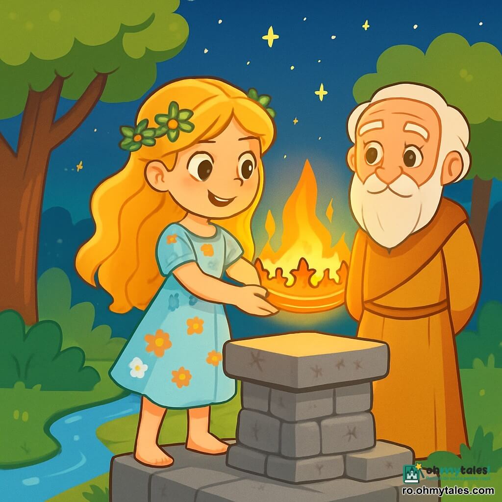 O tânără pe nume Mara, cu părul auriu ca spicele de grâu, stă în picioare pe un altar de piatră veche, cu ochii strălucind de speranță și determinare. Poartă o rochie ușoară, vaporoasă, împodobită cu motive florale, și ține în mâini o coroană de foc care strălucește cu o lumină caldă. Lângă ea, un bătrân înțelept, cu pielea ridată de vreme, o barbă albă și ochi înțelepți, o observă cu bunăvoință. Este îmbrăcat într-o tunică simplă și stă ușor retras, ca un ghid tăcut. Locația este un peisaj încântător, cu copaci măreți cu frunze de un verde strălucitor, un cer înstelat deasupra și un pârâu strălucitor care șerpuiește prin scenă, adăugând o notă de magie. Situația principală o arată pe Mara, pregătită să așeze coroana pe altar, în timp ce o lumină blândă emană din coroană, iluminându-i fața și creând o atmosferă de mister și magie.