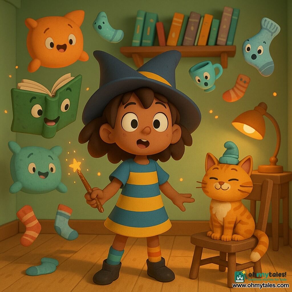 Pip, a 7-year-old apprentice witch with a mischievous, surprised look, wears a pointed hat tilted left, a blue-and-yellow striped dress and mismatched socks, and brandishes a glittery cinnamon wand while watching her messy mint-walled bedroom where a tidying spell has turned objects into joyful, dancing creatures; to her right the orange tabby cat Waffles sits on a chair wearing a sock as a hat with a proud amused posture, to her left the enchanted green-leather notebook Flapjack floats at shoulder height with pages beating like wings and a smiling face, crooked shelves of illustrated books, floating bouncy cushions, moving cups and socks, and warm desk-lamp light complete the scene of levitating items swirling in a circle around Pip in wonder.