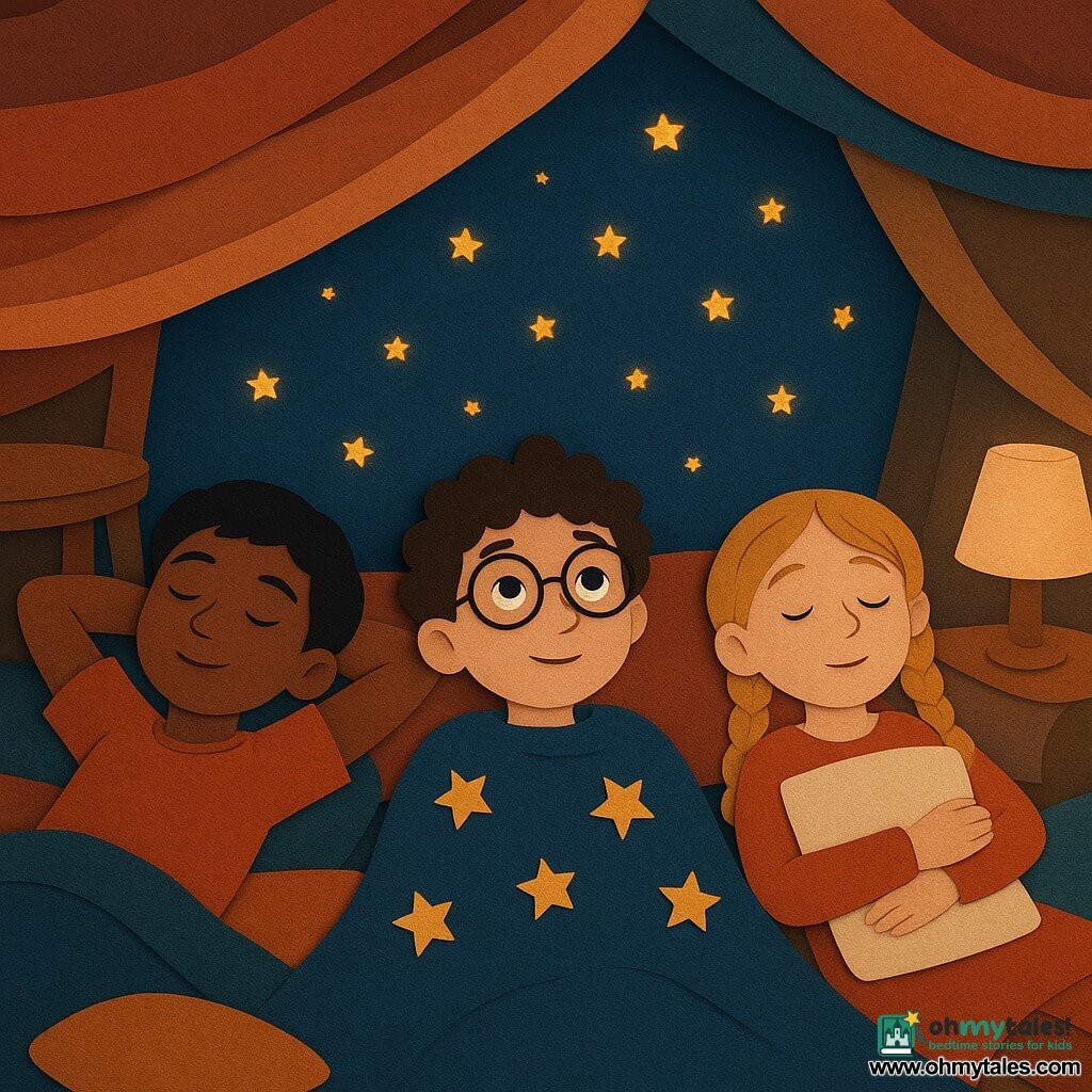 There are three characters: - A boy named Theo, 10 years old, with curly brown hair and round glasses, lying on his back under a starry blanket, looking at the "stars" made of small lights through the fabric. - A boy named Malik, 10 years old, with short black hair and a gentle smile, lying to the left of Theo, arms crossed behind his head, appearing relaxed and dreamy. - A girl named Mira, 9 years old, with blonde hair in braids and curious eyes, lying to the right of Theo, holding a small pillow against her, eyes half-closed. The setting is a living room transformed into a blanket fort. Blankets are stretched between chairs, creating an improvised tent. The soft light from a lamp outside the tent casts gentle shadows and creates a warm ambiance. The floor is covered with colorful cushions and small pillows. The main scene shows the three children lying side by side under the blanket tent, looking up where small lights through the fabric mimic a starry sky. The atmosphere is calm and serene, with a sense of safety and comfort, conducive to falling asleep.
