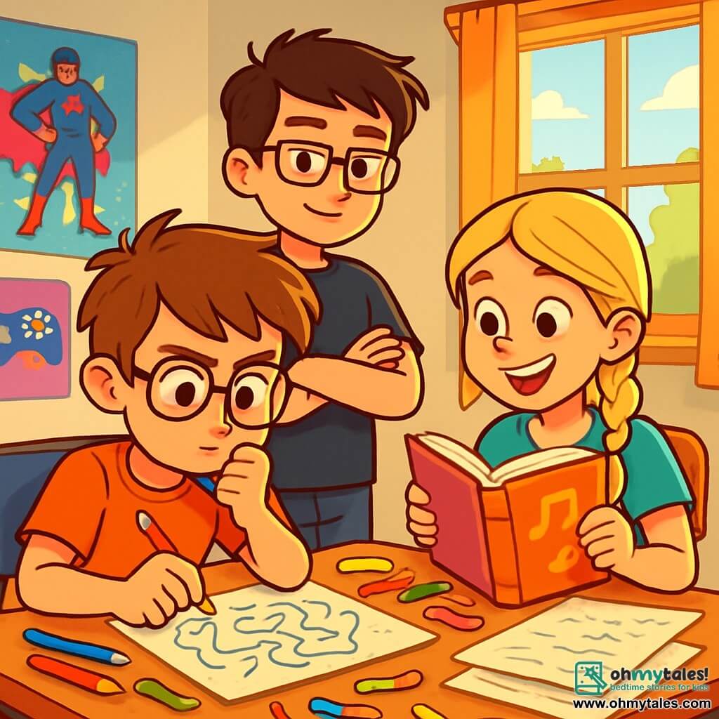 A 12-year-old boy, Josh, with messy brown hair and round glasses, has an excited and determined expression on his face. He is sitting at his desk, surrounded by colorful pencils and sheets of paper, intensely thinking about a mysterious puzzle. Next to him, his best friend Ellie, an 11-year-old girl with braided blonde hair and a mischievous smile, is flipping through a rhyming book, her eyes sparkling with enthusiasm. Sam, a 12-year-old boy with brown hair and square glasses, stands behind them, arms crossed, looking thoughtful as he observes the board with a glimmer of intelligence in his eyes. The scene takes place in Josh's room, decorated with colorful superhero and video game posters, featuring a messy wooden desk filled with gummy worms and sketches. In the background, a window lets in the golden sunlight, illuminating the studious and joyful atmosphere. The main situation shows Josh and his friends on a quest to solve a complex puzzle, with scattered sheets around them, laughter, and concentrated expressions on their faces as they search together for a solution to an seemingly impossible challenge.