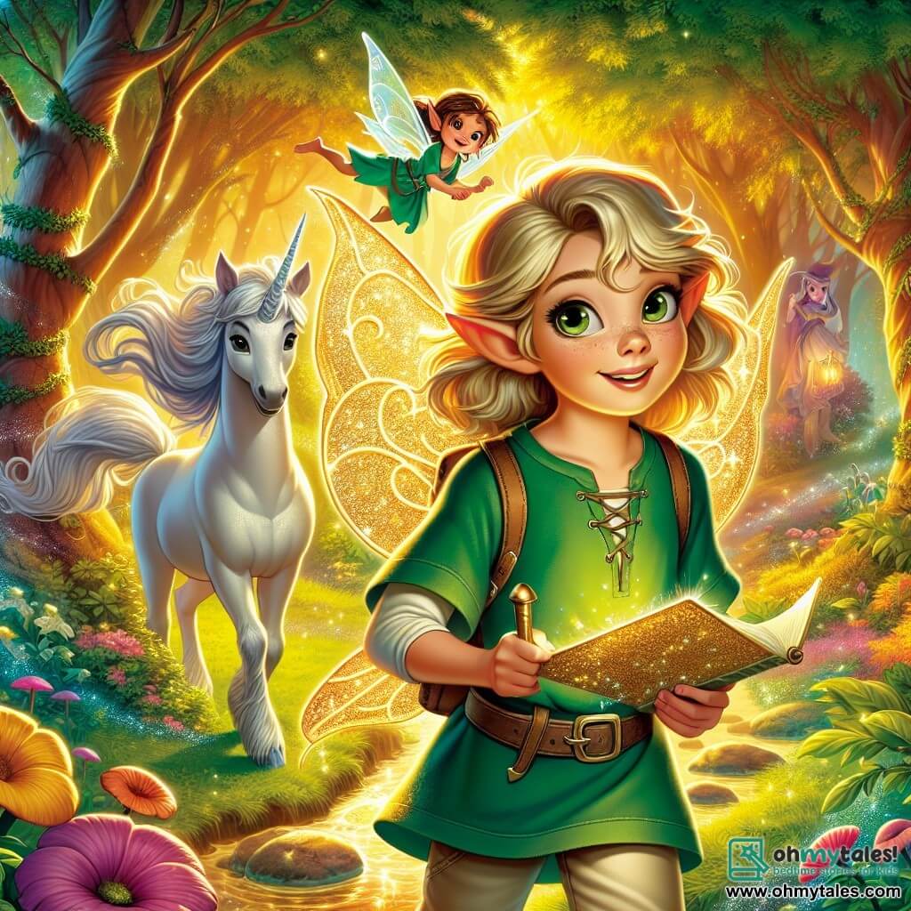 A 10-year-old girl named Elara, with golden hair and sparkling eyes, stands at the center of the scene, a determined smile on her face. She wears a green tunic and canvas pants, holding a shimmering map in her hands, ready for adventure. Beside her is a small fairy named Flick, with delicate wings and mischievous eyes, flying around her and illuminating the scene with golden light. A little further away, a majestic unicorn named Luna, with a silver mane and wise gaze, stands proudly, her horn sparkling in the light. The setting is an enchanted forest with gnarled tree trunks and vibrant green leaves, bathed in a soft golden light filtering through the foliage. Colorful flowers dot the ground, and a sparkling stream flows peacefully nearby. The main situation shows Elara, Flick, and Luna preparing to enter the mysterious Vale of Shadows, a dark and eerie area where shadows dance around them, creating an atmosphere that is both intriguing and slightly frightening, yet filled with promises of adventure.