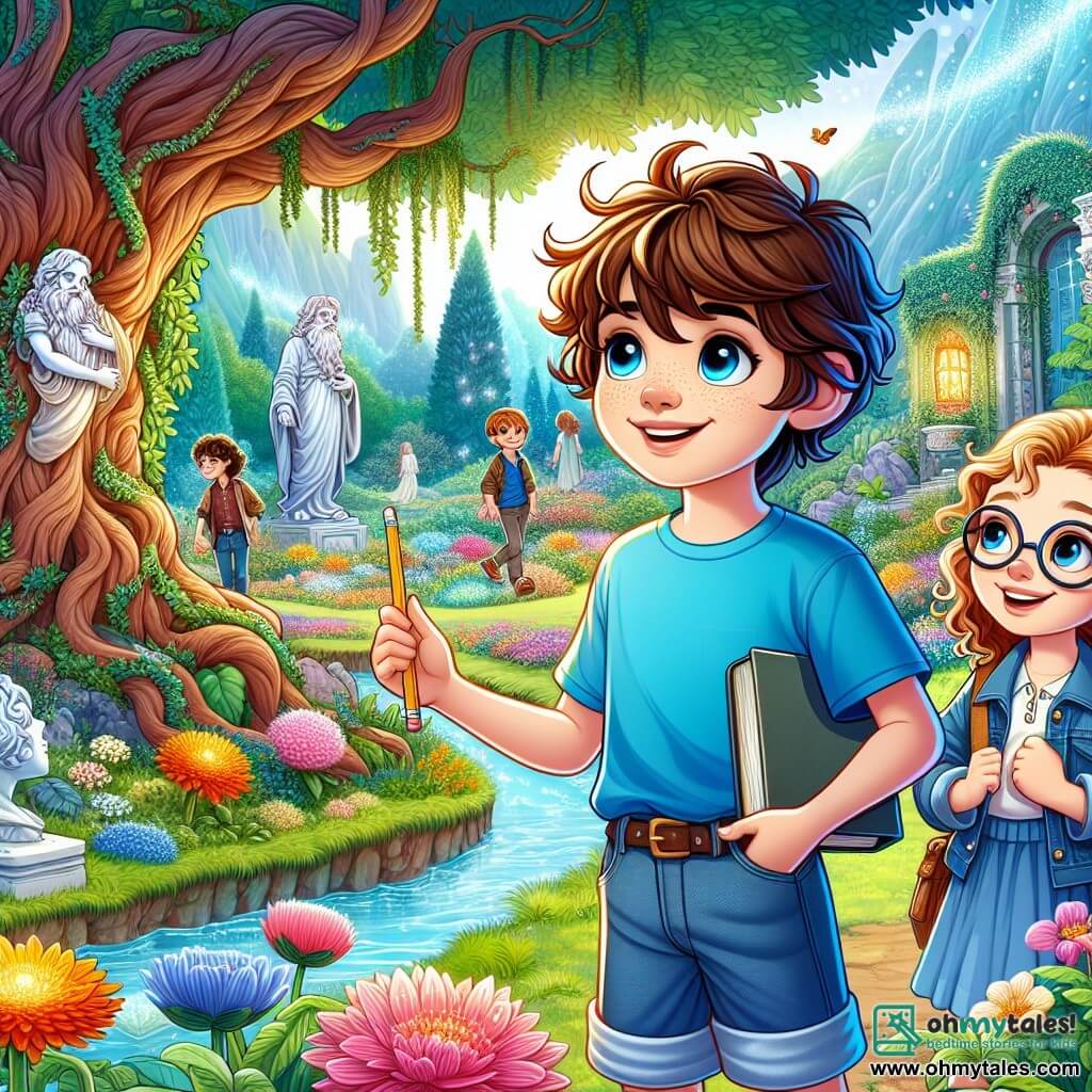 A 12-year-old boy named Leo, with messy brown hair and sparkling curious eyes, stands at the center of the scene, a big smile on his face. He is wearing a bright blue t-shirt and denim shorts, holding a small notebook in one hand and a pencil in the other, ready to jot down his discoveries. Beside him is his best friend Emma, a 13-year-old girl with curly hair and round glasses, marveling at a glowing flower, her eyes shining with excitement. 

They are in a beautiful enchanted clearing filled with vibrant flowers, marble statues covered in ivy, and a sparkling stream winding through the landscape. In the background, a majestic oak tree shelters a wise old sage with a kind gaze, adding a touch of mystery to the magical atmosphere.

The main scene shows Leo and Emma discovering a secret garden, awed by the beauty around them as they prepare to solve riddles posed by the Guardian of this enchanting place.