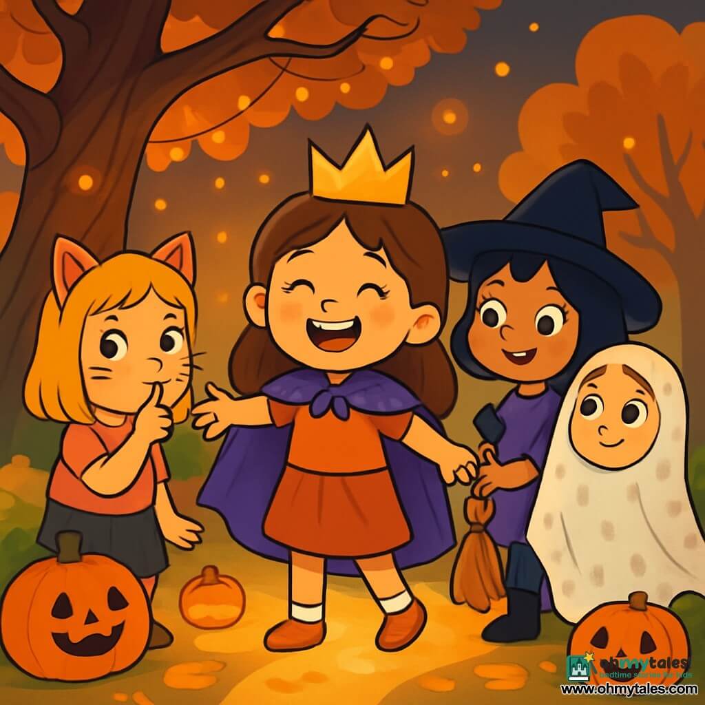 There are 4 children: - Mia: a 5-year-old girl with long brown hair, wearing a paper crown and a purple cape. She stands in the center, arms outstretched, showing her excitement. - Zoey: a 5-year-old girl with blonde hair and cat ears, with painted whiskers on her face. She is to the left of Mia, looking serious with a finger on her mouth as if whispering a secret. - Asha: a 5-year-old girl with black hair and a slightly tilted witch hat. She is to the right of Mia, holding a small wooden broom, ready to explore. - Lily: a 5-year-old girl with red hair, wrapped in a polka-dotted blanket with two large eye holes. She is slightly behind, smiling shyly, as if scared but ready to follow her friends. The setting is in a Halloween park, under a large twisted oak tree, illuminated by small floating orange lights. The ground is covered with yellow and orange leaves, and small decorated pumpkins are scattered around the children, adding a festive touch to the atmosphere. The main scene shows the children discovering a glowing path leading to a mysterious crate, with wonder in their eyes and smiles on their faces. They are holding hands, ready to venture together, while a gentle breeze makes the leaves dance around them.