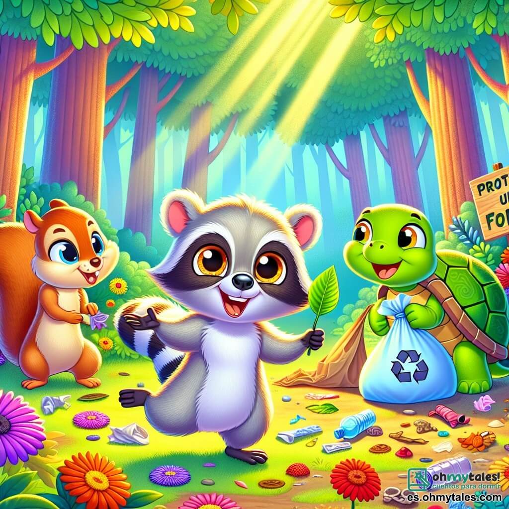 Un pequeño mapache de pelaje gris claro, con grandes ojos brillantes de determinación, se encuentra en el centro de un claro del bosque soleado, sosteniendo una hoja como sombrero. Sonríe alegremente mientras señala un montón de desechos coloridos en el suelo. A su derecha, una alegre ardilla con ojos vivos y cola esponjosa salta con entusiasmo, sosteniendo un trozo de plástico en sus patas delanteras, lista para tirarlo en una bolsa de reciclaje. A su izquierda, una tortuga sabia con un caparazón verde decorado observa la escena con una sonrisa benevolente, sosteniendo un cartel colorido que dice "¡Protejamos nuestro bosque!". El lugar es un claro del bosque vibrante de colores, con flores brillantes de rojo, amarillo y violeta que rodean el suelo, y rayos de sol que se filtran a través de las hojas de los grandes árboles, creando un ambiente cálido y acogedor. La situación principal muestra al pequeño mapache y sus amigos en plena acción, unidos para limpiar su claro del bosque, con sonrisas en sus rostros, ilustrando la importancia de cuidar su entorno.