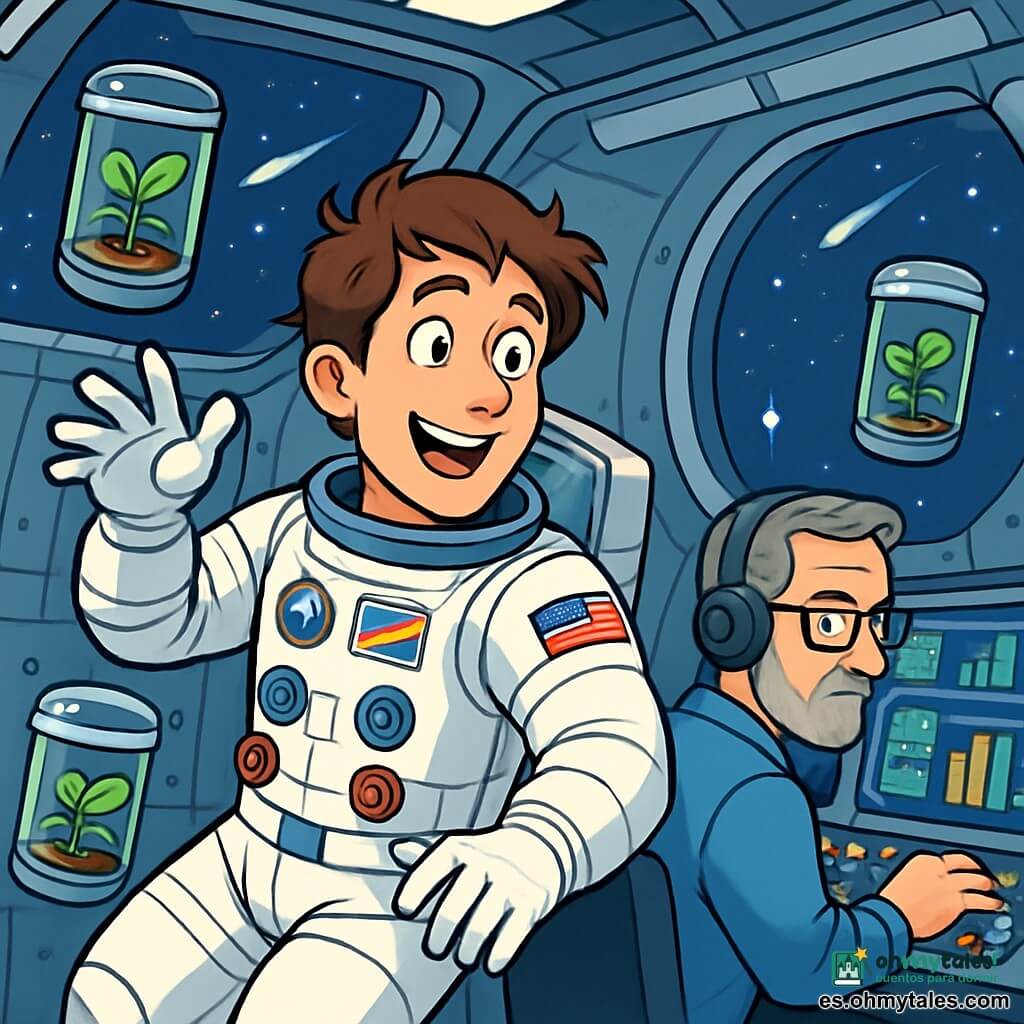 Un astronauta, un hombre de unos treinta años, flota en el espacio con una sonrisa maravillada en su rostro. Lleva un traje espacial blanco brillante, adornado con parches coloridos de misiones espaciales. Su cabello castaño está ligeramente despeinado por la ingravidez y sus ojos brillan de curiosidad. Cerca, un ingeniero de misión, un hombre de unos cincuenta años con gafas y barba canosa, observa los datos en una pantalla de control. Está sentado en el centro de control, rodeado de luces parpadeantes y gráficos animados. La escena ocurre en la estación espacial, un ambiente futurista con paredes metálicas plateadas, ventanales que ofrecen una vista espectacular de un océano de estrellas brillantes y meteoros fugaces. Plantas en crecimiento flotan suavemente en recipientes transparentes, añadiendo un toque de verdor a este espacio tecnológico. El astronauta está monitoreando un experimento de germinación de plantas en ingravidez, observando con asombro las pequeñas hojas verdes que comienzan a desarrollarse, mientras estrellas brillantes iluminan el fondo, creando una atmósfera mágica e inspiradora.