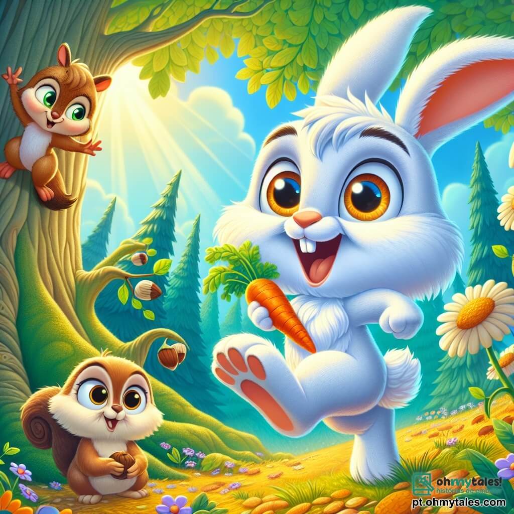 Tico, um coelhinho de grandes orelhas e pelagem branca brilhante, está no centro da imagem, com um grande sorriso no rosto, segurando uma cenoura brilhante com suas pequenas patas. Ele salta alegremente, com os olhos brilhando de excitação e determinação. À sua direita, uma pequena esquila de olhos vivos e cauda espessa observa Tico enquanto come uma avelã. À esquerda, uma coruja sábia, empoleirada em um galho, observa a cena com um ar divertido, suas penas marrons e brancas contrastando com o verde das folhas. A cena acontece em uma floresta encantada, onde árvores majestosas se erguem em um céu azul com nuvens fofas. Flores coloridas dançam ao vento, e raios de sol iluminam o chão coberto de folhas douradas. Tico, cheio de energia, está prestes a enfrentar o grande Caramelo, pronto para buscar a cenoura mágica, enquanto seus amigos o incentivam, criando uma atmosfera de camaradagem e aventura.