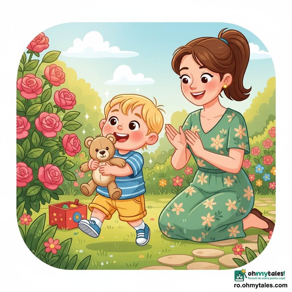 Un băiat de 2 ani, fericit și uimit, față rotundă, obraji roz, păr blond în șuvițe, poartă tricou bleu cu dungi și pantaloni scurți galbeni; ține strâns un ursuleț de pluș bej și zâmbește larg. Mama, în jur de 30 de ani, zâmbitoare, păr șaten prins în coadă, poartă o rochie verde cu flori, este îngenuncheată în spatele băiatului, gata să-l ia în brațe. Scena se petrece într-o grădină în lumina dimineții, cu iarbă verde, flori colorate, un tufiș de trandafiri roz și o cutie roșie de jucării lângă o potecă de piatră. Principal: băiatul și-a regăsit ursulețul ascuns printre frunzele trandafirilor; sare de bucurie, steluțe de fericire în jurul capului, iar mama aplaudă ușor. Stil vizual: culori vii, contururi moi și rotunjite, textură de pluș vizibilă, lumină caldă și umbre blânde; compoziție centrată pe duo-ul băiat–ursuleț, mama puțin în spate, elemente de grădină încadrează scena.