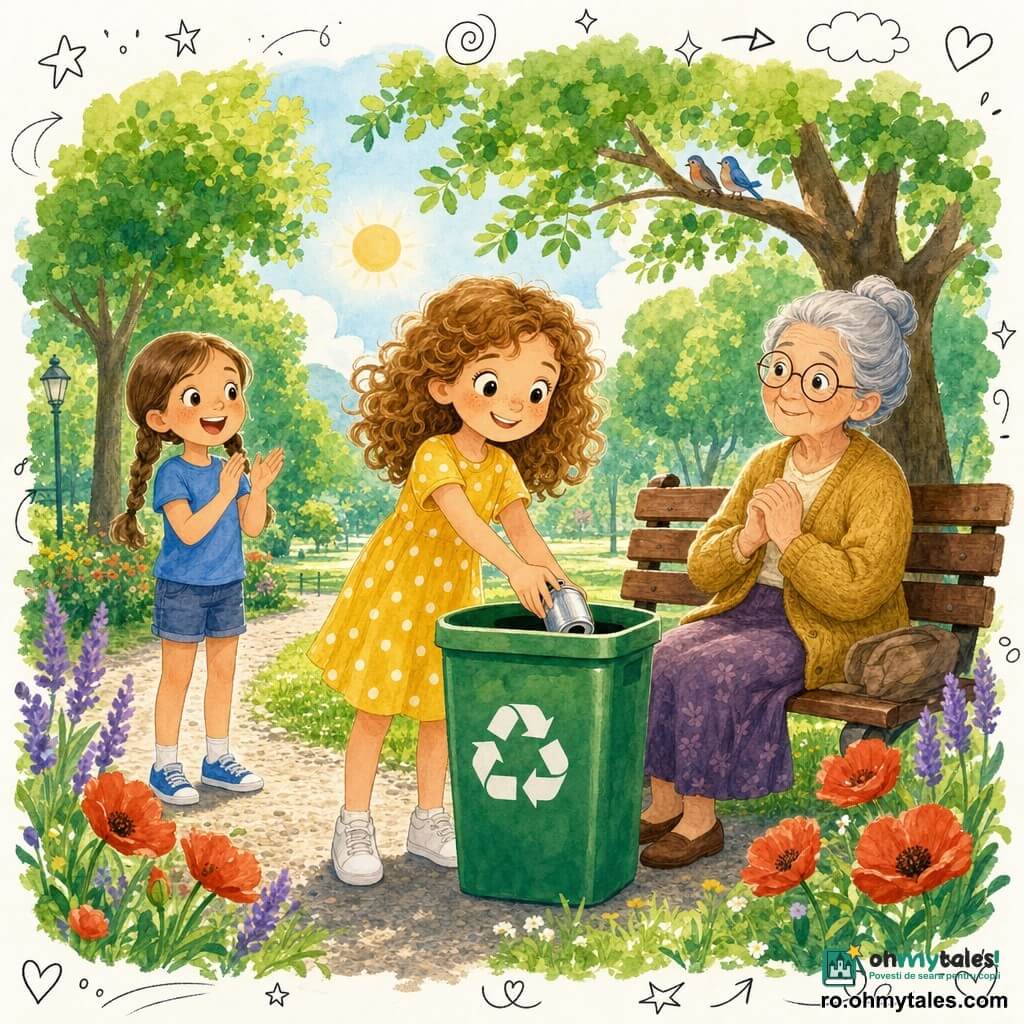 O fată de 8 ani, zâmbitoare și hotărâtă, păr șaten deschis buclat, ochi mari și curioși, poartă o rochie galbenă cu buline albe și aruncă delicat o doză goală într‑un coș verde pentru reciclare; o femeie de circa 70 de ani, păr gri prins în coc, cu ochelari rotunzi și un cardigan călduros, o privește mândră stând pe o bancă de lemn în dreapta; o altă fetiță de aproximativ 8 ani, cu păr împletit și tricou albastru, aplaudă fericită în stânga lângă un drum de pietriș; parc luminos cu gazon verde, flori roșii și violete, copaci cu frunze largi, soare blând și câțiva păsări pe o ramură; scenă simplă și vizuală de protejare a naturii, atmosferă caldă și optimistă, culori vii și contrastante, tușe moi și rotunjite, texturi tip hârtie și acuarelă, mici doodle‑uri de frunze, inimi și săgeți pentru a sublinia mesajul ecologic.
