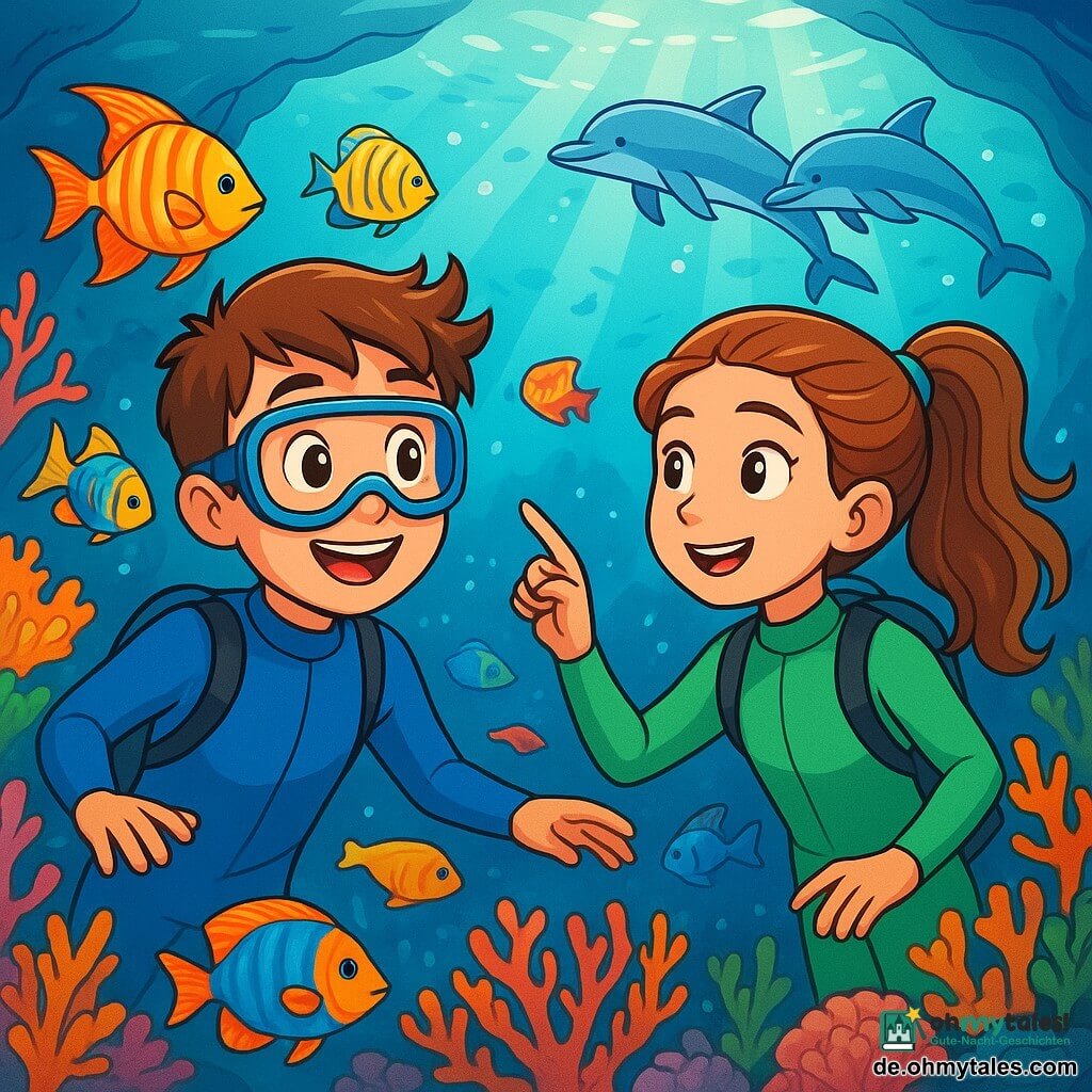 Ein 12-jähriger Junge mit kastanienbraunen Haaren und neugierigen Augen schwimmt unter Wasser, begeistert von den lebendigen Farben der tropischen Fische um ihn herum. Er trägt einen blauen Taucheranzug, und sein Gesicht strahlt vor Freude, beleuchtet von dem funkelnden Licht, das durch die Wasseroberfläche fällt. Neben ihm beobachtet ein 12-jähriges Mädchen mit langen, welligen Haaren, die zu einem Pferdeschwanz gebunden sind, fasziniert die Meeresbewohner. Sie trägt ebenfalls einen grünen Taucheranzug und lächelt, ihre Augen glänzen vor Neugier, während sie auf eine Gruppe von spielenden Delfinen zeigt. Der Ort ist ein wunderschönes Korallenriff, gefüllt mit bunten blütenförmigen Korallen, mehrfarbigen Fischen und Lichtstrahlen, die über den Meeresboden tanzen. Algen wiegen sich sanft im Strom und schaffen eine magische Atmosphäre. Die Hauptsituation zeigt den Jungen und das Mädchen, die gemeinsam den verborgenen Schatz im Herzen des Riffs entdecken, umgeben von schimmernden Fischen, während sie sich einer geheimnisvollen Höhle nähern, die von einem bläulichen Licht erleuchtet wird und voller Unterwasserwunder ist.