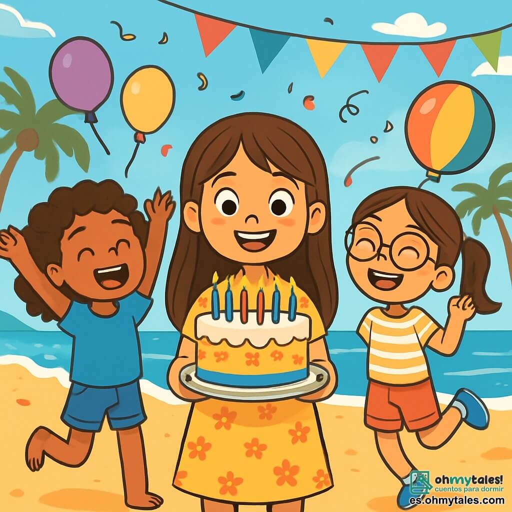 Hay 3 personajes: - Lucía: una niña de 9 años, con cabello largo castaño y ojos brillantes. Lleva un vestido amarillo con flores y sostiene un pastel de cumpleaños decorado con velas. Está en el centro, radiante de alegría. - Ana: una niña de 9 años, con cabello rizado y una gran sonrisa. Lleva una camiseta azul y un short de mezclilla. Está a la izquierda de Lucía, levantando los brazos en señal de emoción. - Marta: una niña de 9 años, con gafas redondas y cabello liso atado en una coleta. Lleva una camisa a rayas y un short rosa. Está a la derecha de Lucía, sosteniendo un globo colorido y saltando de alegría. El lugar es una playa soleada, con arena dorada y olas suaves que rompen en la orilla. Al fondo, se ve un cielo azul claro salpicado de algunas nubes blancas, y palmeras meciéndose suavemente al viento. Decoraciones coloridas, como guirnaldas y globos, flotan a su alrededor, creando un ambiente festivo. La situación principal muestra a Lucía, rodeada de sus dos nuevas amigas, soplando las velas de su pastel de cumpleaños, con risas y sonrisas brillantes. Los otros niños de la fiesta se reúnen alrededor, aplaudiendo y cantando "Feliz Cumpleaños".
