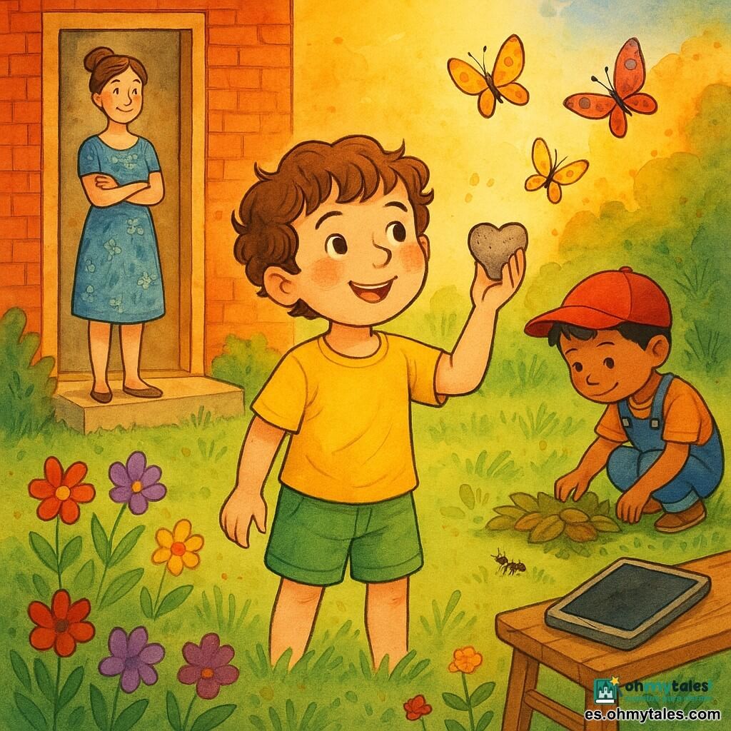 Un niño de 6 años, alegre y asombrado, cabello castaño rizado, piel clara y ojos risueños, viste camiseta amarilla y pantalón corto verde, sostiene una piedra en forma de corazón en la mano derecha y mira mariposas; a la izquierda, la madre de unos 30 años, con el pelo castaño recogido en un moño y sonrisa tierna, está en el umbral de la casa con los brazos cruzados observando con orgullo, vistiendo un vestido azul con flores; a la derecha, el vecino Marcos, también de 6 años, con pelo negro corto y piel algo más oscura, agachado junto a un montón de hojas examinando una hormiga, lleva gorra roja y peto vaquero; todo sucede en un jardín soleado al atardecer con césped verde, flores rojas, violetas y amarillas, un banco de madera donde está abandonada una tableta apagada y un sendero de piedra hacia una casa de ladrillo rojo; ambiente cálido, colores vibrantes, trazos de tinta delicados y sombras suaves.