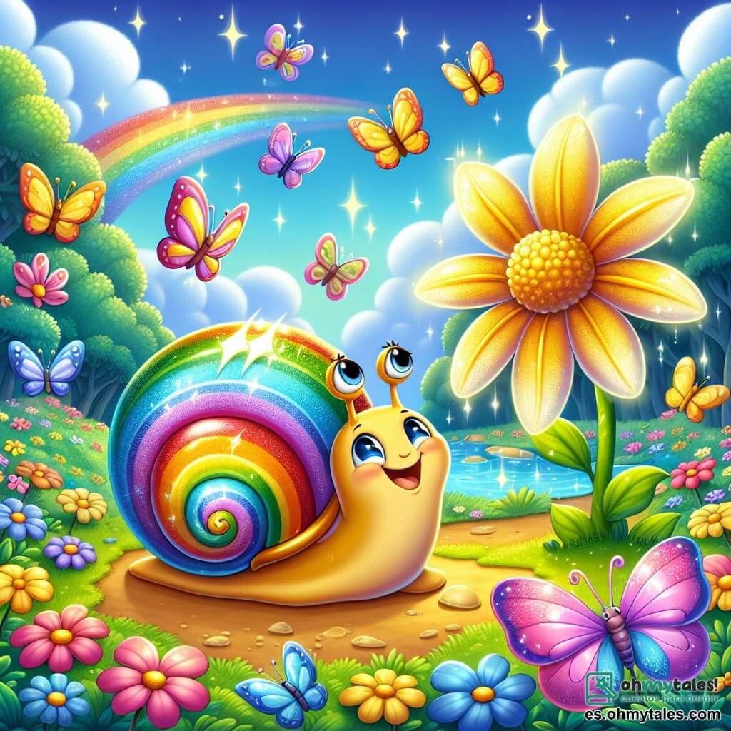 Un pequeño caracol llamado Caramelo, con una concha brillante de colores vivos y rayas como un arcoíris, se encuentra en el centro de la imagen, con los ojos llenos de emoción y una gran sonrisa en su rostro. Está contemplando una inmensa flor de pétalos brillantes que parece hablarle con una voz suave y cálida. A su lado, un grupo de mariposas coloridas, con alas delicadas y brillantes, vuela alegremente alrededor de Caramelo, sus rostros irradiando curiosidad y amistad. El escenario es un jardín mágico, lleno de flores multicolores, ríos brillantes y árboles majestuosos que parecen cantar. El cielo es de un azul brillante, salpicado de nubes esponjosas, y estrellas brillan suavemente a lo lejos, añadiendo un toque de magia. La situación principal muestra a Caramelo, maravillado, conversando con la Flor de la Sabiduría, mientras las mariposas lo rodean, creando una atmósfera alegre y llena de esperanza, simbolizando el inicio de su viaje de aprendizaje y descubrimiento.