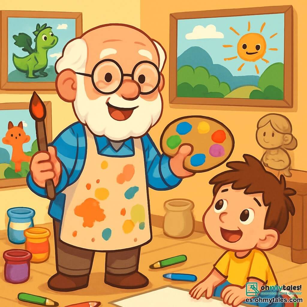 Un hombre mayor, Don Ernesto, con barba blanca y gafas redondas, sonríe alegremente sosteniendo un pincel en una mano y una paleta de colores brillantes en la otra. Lleva una camisa azul a rayas y un delantal manchado de pintura, mostrando su amor por el arte. A su lado, un niño curioso llamado Nico, de unos 8 años, con cabello castaño despeinado y una camiseta amarilla, observa maravillado las pinturas colgadas en la pared. Está sentado en el suelo, rodeado de lápices de colores, listo para dibujar. El lugar es un taller luminoso, lleno de lienzos coloridos, esculturas de arcilla y frascos de pintura esparcidos. Las paredes están cubiertas de dibujos de animales fantásticos y paisajes vibrantes, creando una atmósfera mágica e inspiradora. La situación principal muestra a Don Ernesto mostrando sus obras a Nico, quien está cautivado por los colores y las formas. Juntos comparten un momento de creatividad, donde el arte cobra vida en un estallido de alegría e imaginación.