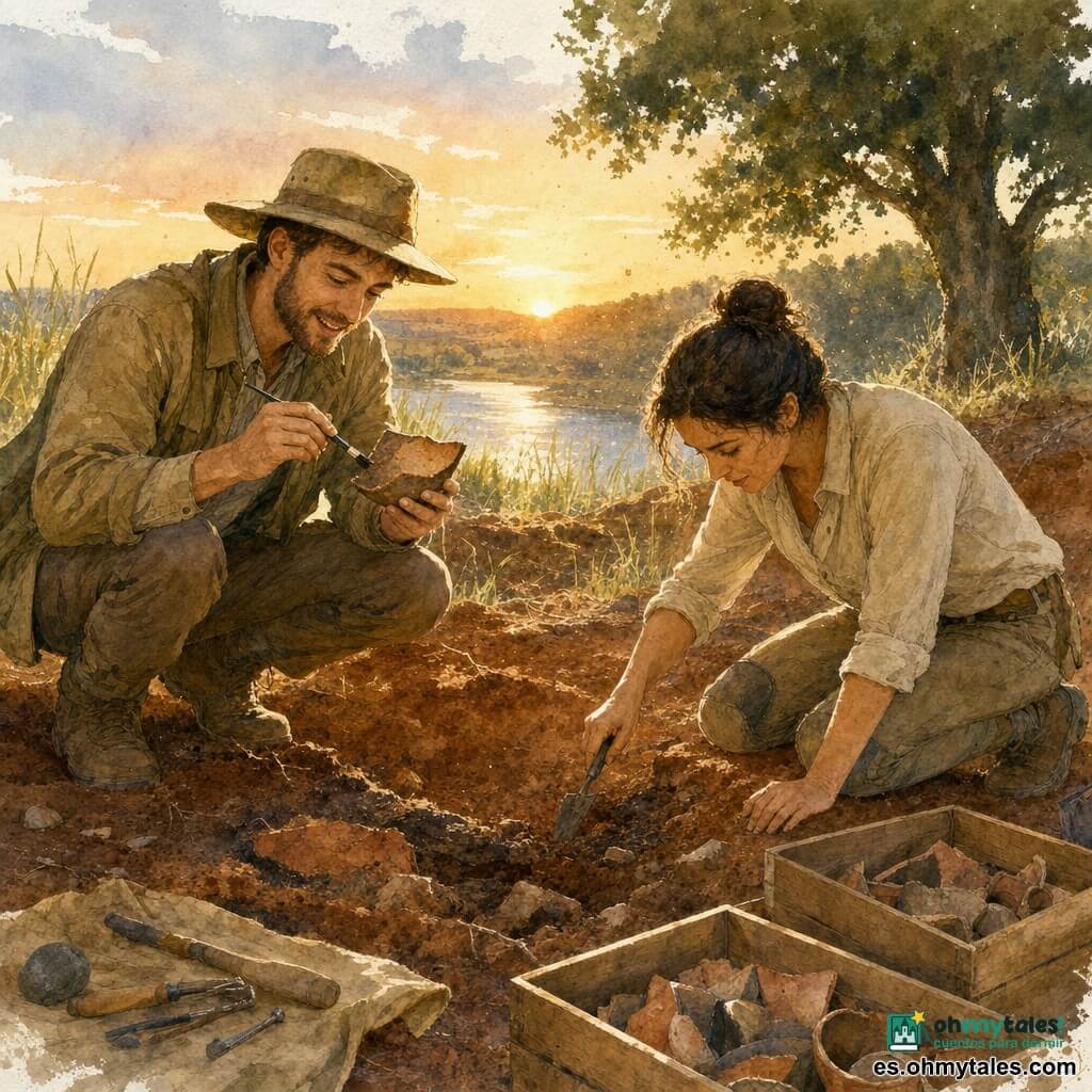 Hombre joven de unos treinta años, sonriente y asombrado, pelo corto castaño, barba corta, chaqueta kaki y sombrero de ala ancha, agachado sosteniendo delicadamente un fragmento de cerámica con un pincel; junto a él, mujer de unos treinta años, rostro concentrado, cabello negro recogido en moño, camisa beige y rodilleras, arrodillada con una paleta examinando el suelo a su izquierda; montículo de tierra rojiza con hierbas altas, capas de suelo visibles, restos de hogares antiguos, pequeñas piedras y raíces, un río plateado al fondo y un gran roble a la derecha; escena de excavación arqueológica al crepúsculo, polvo dorado fino, cajas de madera abiertas con fragmentos y herramientas sobre una lona, atmósfera de descubrimiento y respeto por el pasado.