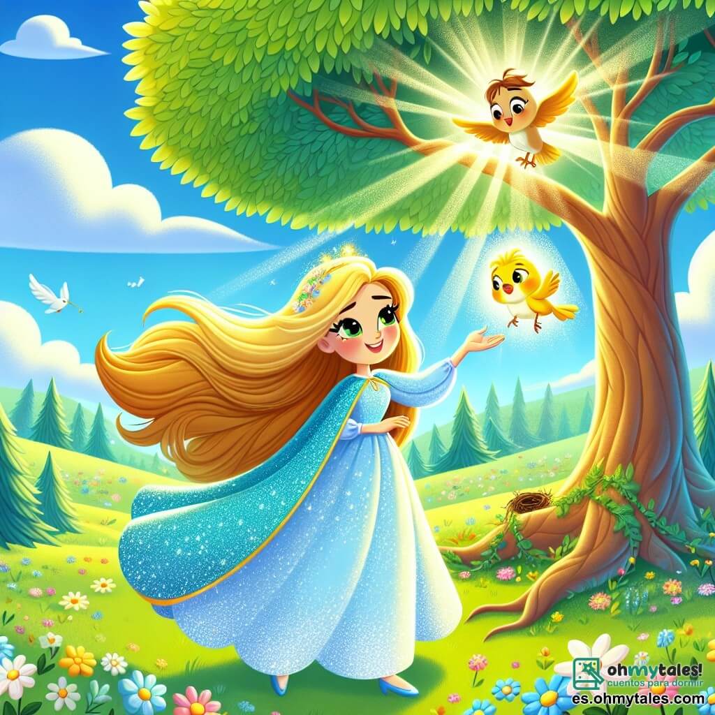 Estrella Brillante, una superheroína, es una mujer con largos cabellos dorados que brillan como el sol. Lleva una capa azul brillante que centellea bajo la luz, y su rostro irradia determinación y amabilidad. Está volando graciosamente hacia un majestuoso árbol, con una cálida sonrisa en sus labios, lista para ayudar a sus amigos. Pico, un pequeño pajarito amarillo, está posado en una rama, sus ojos brillan de preocupación. Está muy emocionado, batiendo sus alas para llamar la atención de Estrella Brillante. El lugar es un prado verde, salpicado de flores coloridas que bailan al viento, con un cielo azul claro y algunas nubes esponjosas. A lo lejos, un gran árbol de hojas exuberantes se alza, albergando el nido de los pajaritos. La situación principal muestra a Estrella Brillante colocando el nido de los pajaritos en su lugar, con cuidado y ternura, mientras Pico la observa con admiración, cantando palabras de gratitud.