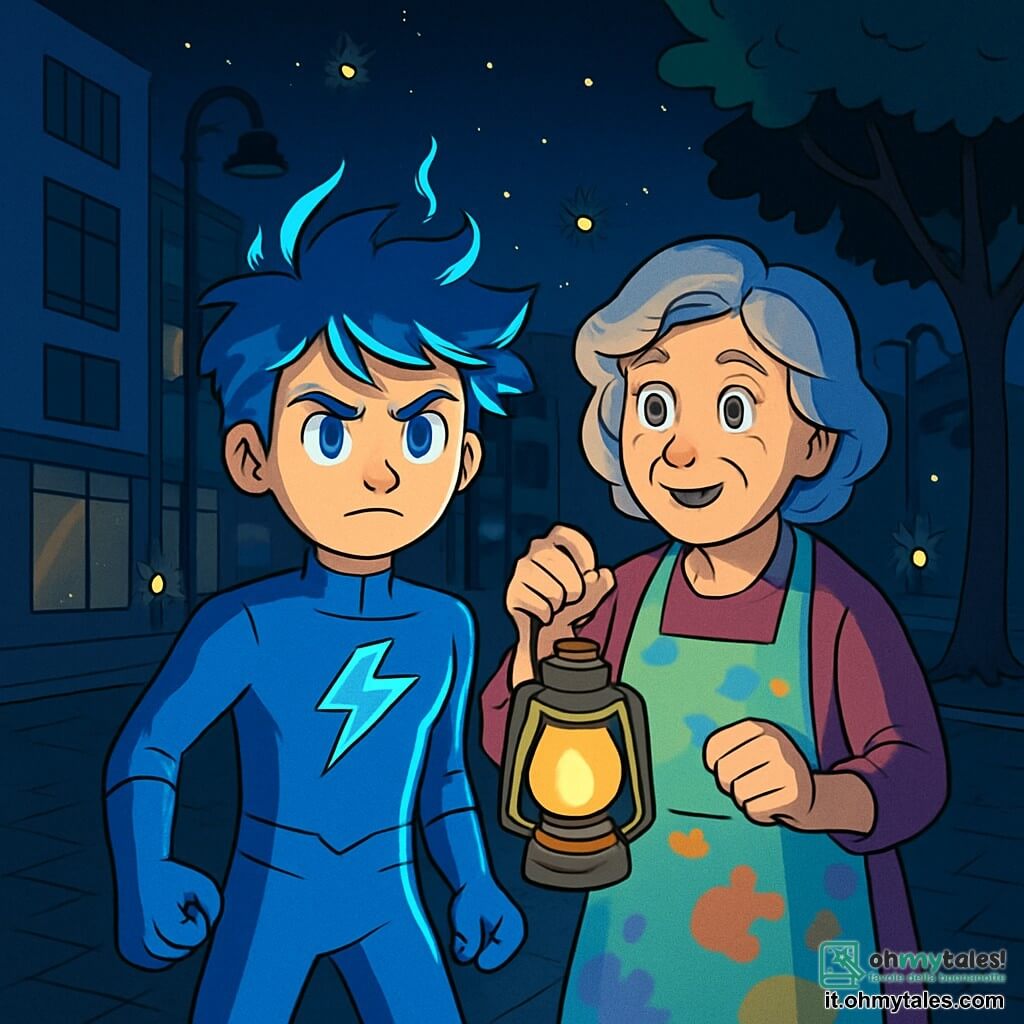 Un giovane, Fulmine Blu, si trova al centro della scena con un'espressione determinata. Indossa una tuta blu brillante con un simbolo di fulmine argentato, i suoi capelli scompigliati brillano sotto la luce dei lampioni spenti. I suoi occhi blu riflettono speranza ed energia. Accanto a lui, la signora Prisma, una donna di cinquant'anni con capelli argentati e un sorriso caloroso, tiene una lampada in mano, perplessa per l'oscurità che li circonda. Indossa un grembiule colorato macchiato di farina, pronta ad aiutare Fulmine Blu a risolvere il mistero. Il contesto è una strada animata di Luminia con edifici moderni sotto un cielo notturno stellato, ma avvolti nell'oscurità. Le ombre degli alberi parlanti si proiettano sul pavimento, aggiungendo magia all'atmosfera. Fulmine Blu e la signora Prisma esplorano la strada oscura cercando indizi sulla misteriosa mancanza di luce, mentre lucciole disorientate volano attorno a loro, aggiungendo mistero alla scena.