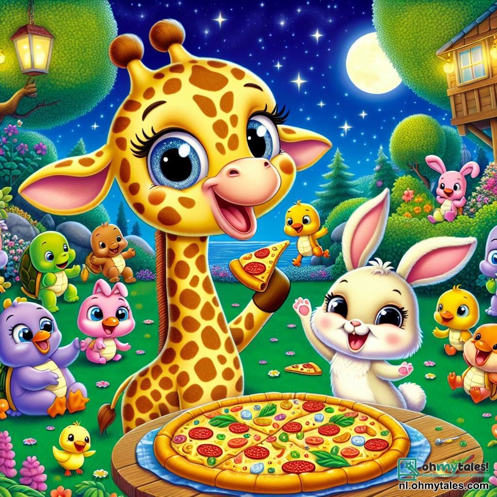 Een blije giraf genaamd Gigi, met een lange gevlekte nek en grote sprankelende ogen, staat in het midden van de afbeelding, breed glimlachend terwijl ze een stuk pizza in haar mond houdt. Naast haar springt een klein konijn genaamd Kiki van blijdschap, met een zachte vacht en lange oren, terwijl het een klein stuk pizza in zijn voorpoten vasthoudt. Op de achtergrond zit een groep kleurrijke dieren, waaronder een enorme eend met een grappige hoed, schildpadden met glanzende schalen en kleine roze varkens, rond een houten tafel, lachend en verhalen delend. De locatie is een charmante tuin, vol met stralende bloemen en groene bomen, onder een sterrenhemel verlicht door een heldere maan. De scène toont Gigi en Kiki die een blije pizza-party vieren, omringd door hun nieuwe dierenvrienden, allemaal lachend en samen plezier makend.