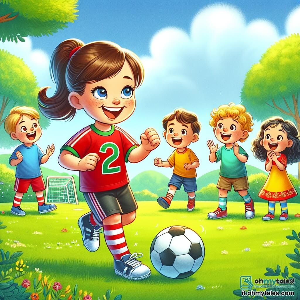 Una giovane ragazza di nome Sara, con i capelli castani raccolti in una coda di cavallo, indossa una maglietta da calcio rossa e un pantaloncino nero. Ha un grande sorriso felice sul volto, che mostra la sua passione per il gioco. Intorno a lei ci sono diversi bambini, di età compresa tra 6 e 8 anni. Un ragazzo biondo, con una maglietta blu, ride mentre cerca di dribblare il pallone. Una ragazza dai capelli ricci, vestita con un abito giallo, applaude con entusiasmo. Lo sfondo è un parco verdeggiante, con alberi maestosi e un cielo blu brillante. L'erba è di un verde vivace e un grande gol di calcio si trova sullo sfondo. La scena mostra Sara che insegna ai bambini come giocare a calcio, tutti insieme, ridendo e divertendosi, creando un'atmosfera di gioia e amicizia.