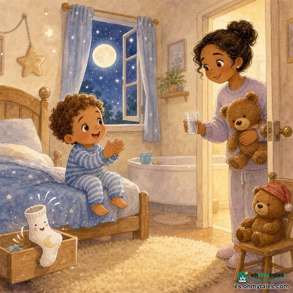 Un niño de 2 años, rostro redondo y cabello rizado castaño claro, juega junto a su cama con pijama a rayas azul y blanco, sonríe y aplaude; una mujer adulta (mamá, ~30 años) con suéter pastel y moño sostiene un gran oso de peluche marrón y un vasito de agua transparente, inclinada junto a la puerta con expresión dulce; un oso de peluche marrón con un pequeño sombrero rojo ladeado está sobre una silla; un vasito de plástico azul está sobre la bañera al fondo; un calcetín blanco con una luna bordada asoma de un cajón y parece brincar cerca de la almohada; la habitación nocturna y acogedora tiene paredes crema, alfombra beige, lámpara de mesita que emite luz amarilla y una ventana abierta con una gran luna y estrellas; escena de acostarse divertida, tierna y serena.
